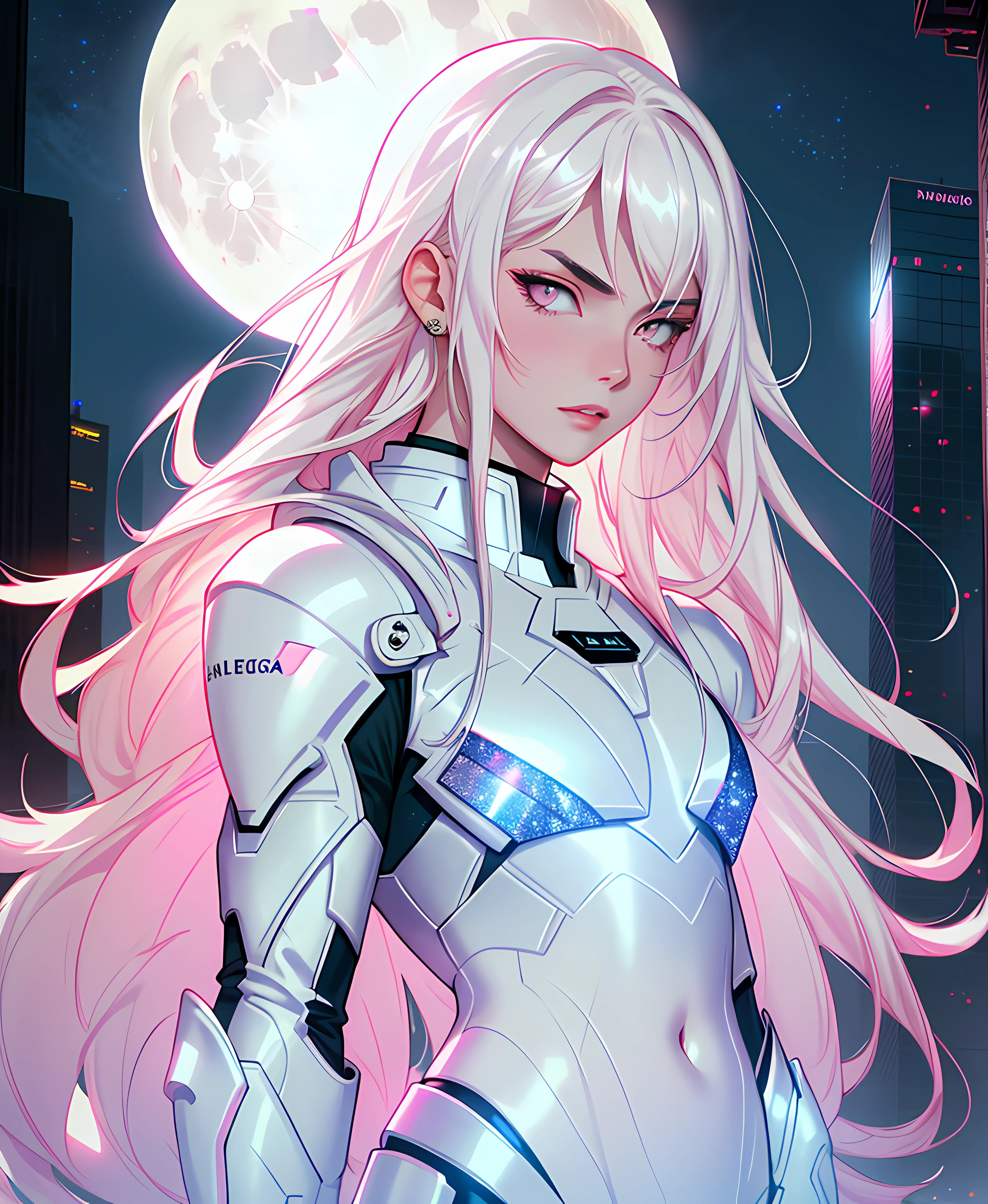 masterpiece, highest quality, (solo focus), (perfect face:1.1), (high detail:1.1), dramatic, 1guy, (pale skin), long white hair, white eyes, [light eyebrows], solo, long hair, moon, night, white luxury suit, covered navel, pouty lips, covered, futuristic city, detailed background, art by artgerm, cinematic lighting, white and pink tetradic colors, cinematic lighting, roses,  balenciaga, glitter