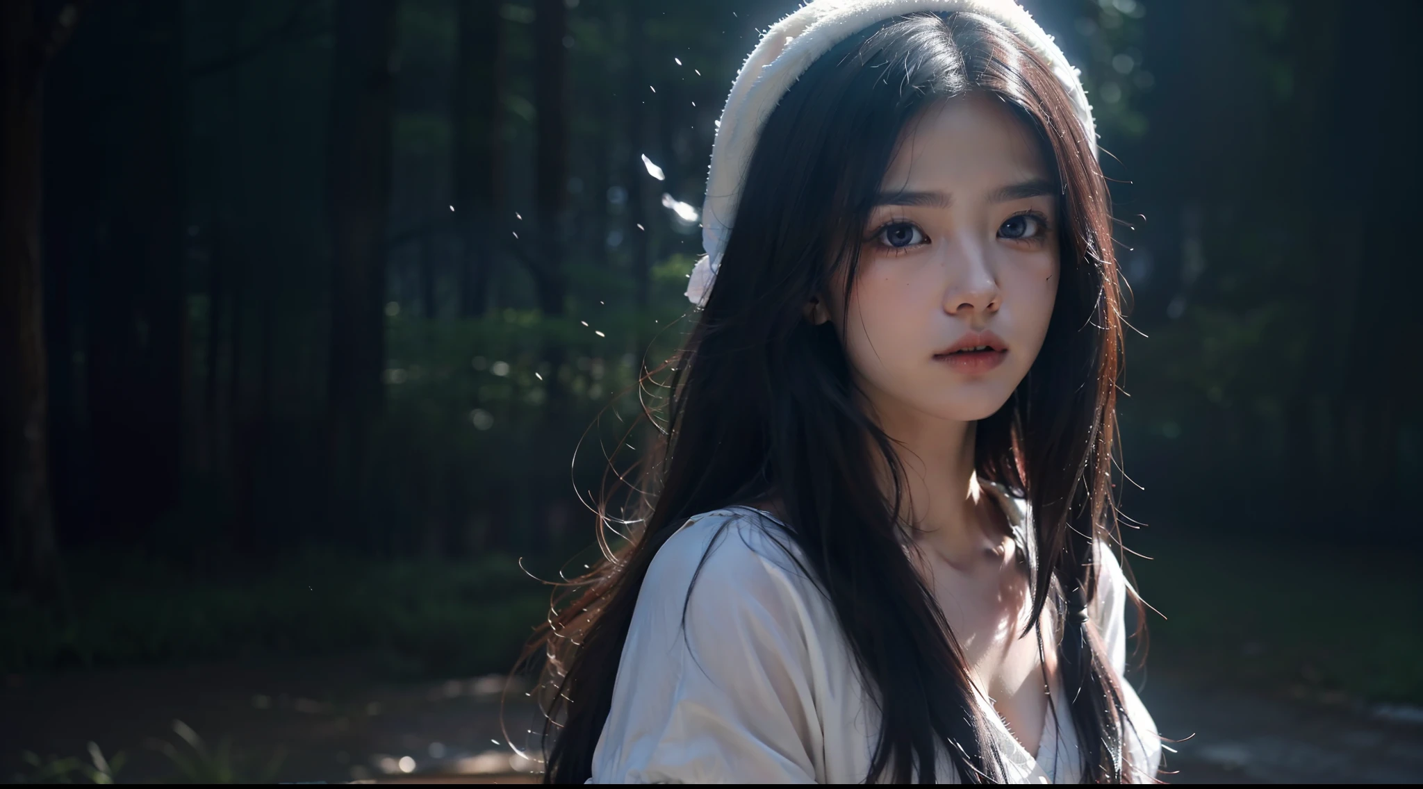 Fantastic forest,Night, Dark, (Fantasy),infinite,deep blue sky,The abyss of knowledge,Cowledge,((masutepiece)), (((Best Quality))),((Beautiful fine eyes)),(Eye lashes)、Realistic clouds、Very beautiful face、The ultra -The high-definition、Wolf and Human Girl、(1人)、Black hair、The long-haired、abyss eyes、glowy skin、oils、small tits、Perfect human body structure、Robe with red hood、tattered cloth、Realistic coat、Tee、Super delicate CG Unity 32k wallpaper、photoRealstic、​masterpiece, ((ultra-detailliert)), ((illustratio)),colourfull,wall-paper,The energy,Unknown terror,Incomprehensible,Boken,Flying pages,Know everything,Predict the future、Get to know the past、Infinite wisdom、blue flames