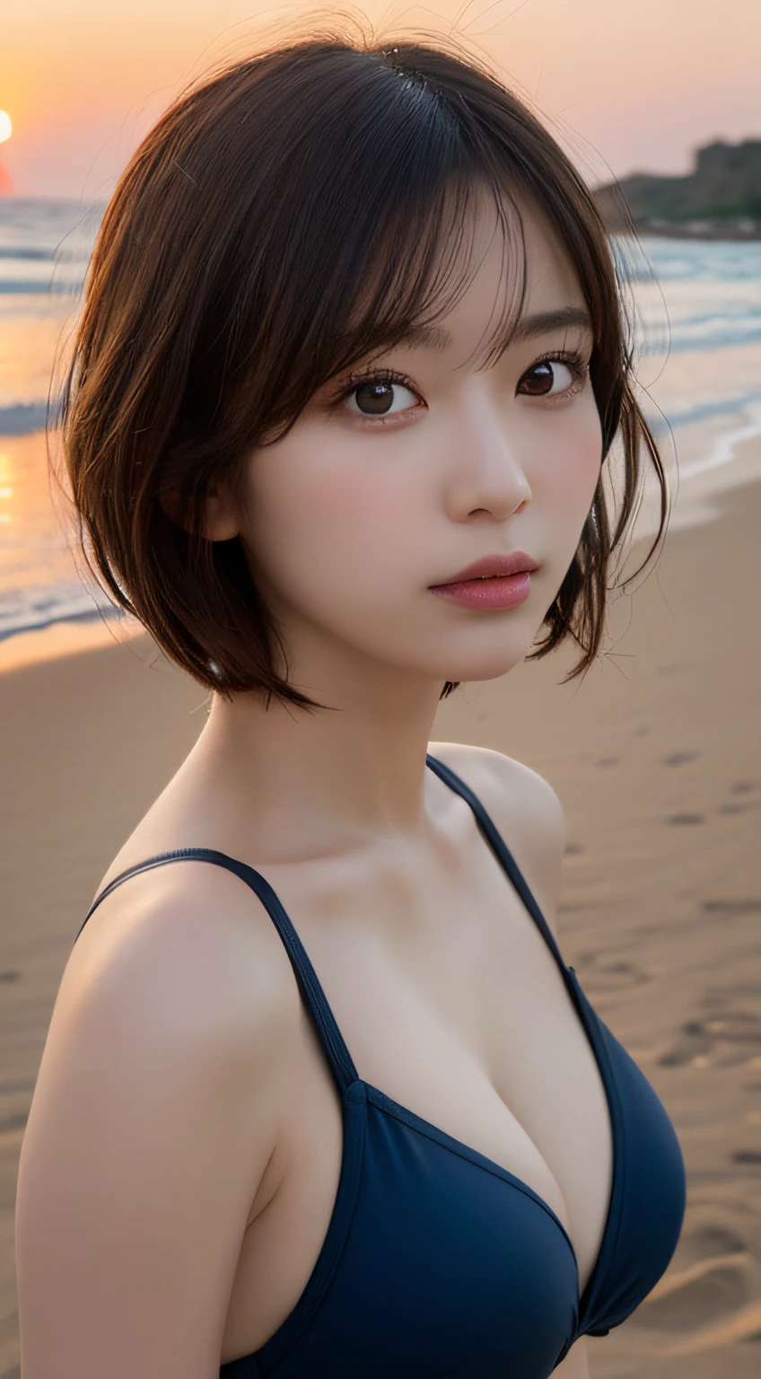 masutepiece, Best Quality, Illustration, Ultra-detailed, finely detail, hight resolution, 8K Wallpaper, Perfect dynamic composition, Beautiful detailed eyes, Swimsuit, Medium short Hair, Natural Color Lip,Beach, Random and cute poses, From Side, the setting sun, cleavage