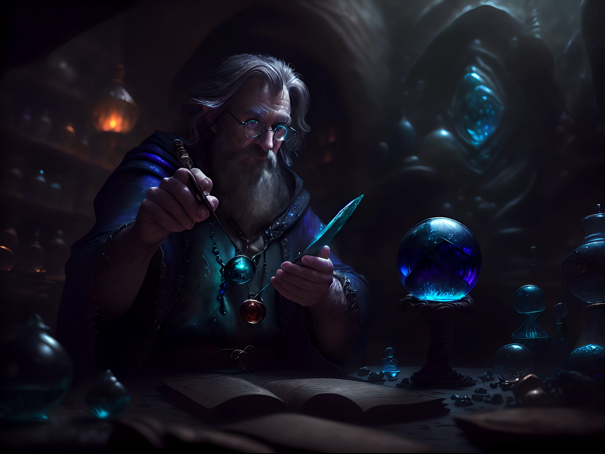 high details, best quality, 8k, [ultra detailed], masterpiece, best quality, (extremely detailed), dynamic angle, ultra wide shot, photorealistic, RAW, fantasy art, dnd art, fantasy art, realistic art, a wide angle view wallpaper of a wizard (intense details, Masterpiece, best quality: 1.5) looking into his crystal ball (intense details, Masterpiece, best quality: 1.5), casting a spell in his magical laboratory, human male wizard, fantasy wizard (intense details, Masterpiece, best quality: 1.5), D&D wizard, young human male (intense details, Masterpiece, best quality: 1.5), [[anatomically correct]], dynamic hair, dynamic eyes, wearing magical robe (intense details, Masterpiece, best quality: 1.5), dynamic colors, ultra detailed face (intense details, Masterpiece, best quality: 1.5), manipulating blue magical energy, in his laboratory (intense details, Masterpiece, best quality: 1.5), many magical tomes, magical library (intense details, Masterpiece, best quality: 1.5),  many magical vials, ultra wide angle from a medium distance,
