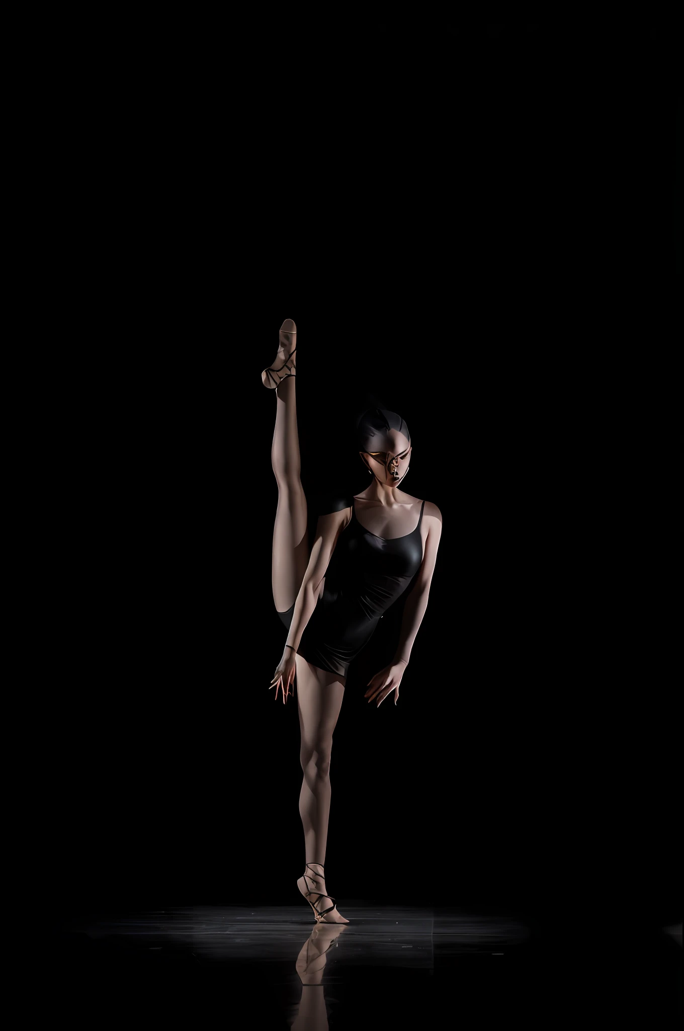The Arad woman dressed in black leper is splitting, dramatic floating pose, dynamic dance photography, ballet performance photography, Contemporary, on black background, dramatic magic floating pose, contemporary dance poses, classic dancer striking a pose, standing with a black background, contortion, dramatic imposing pose, female dancer, dramatic powerful pose, playful pose of a dancer