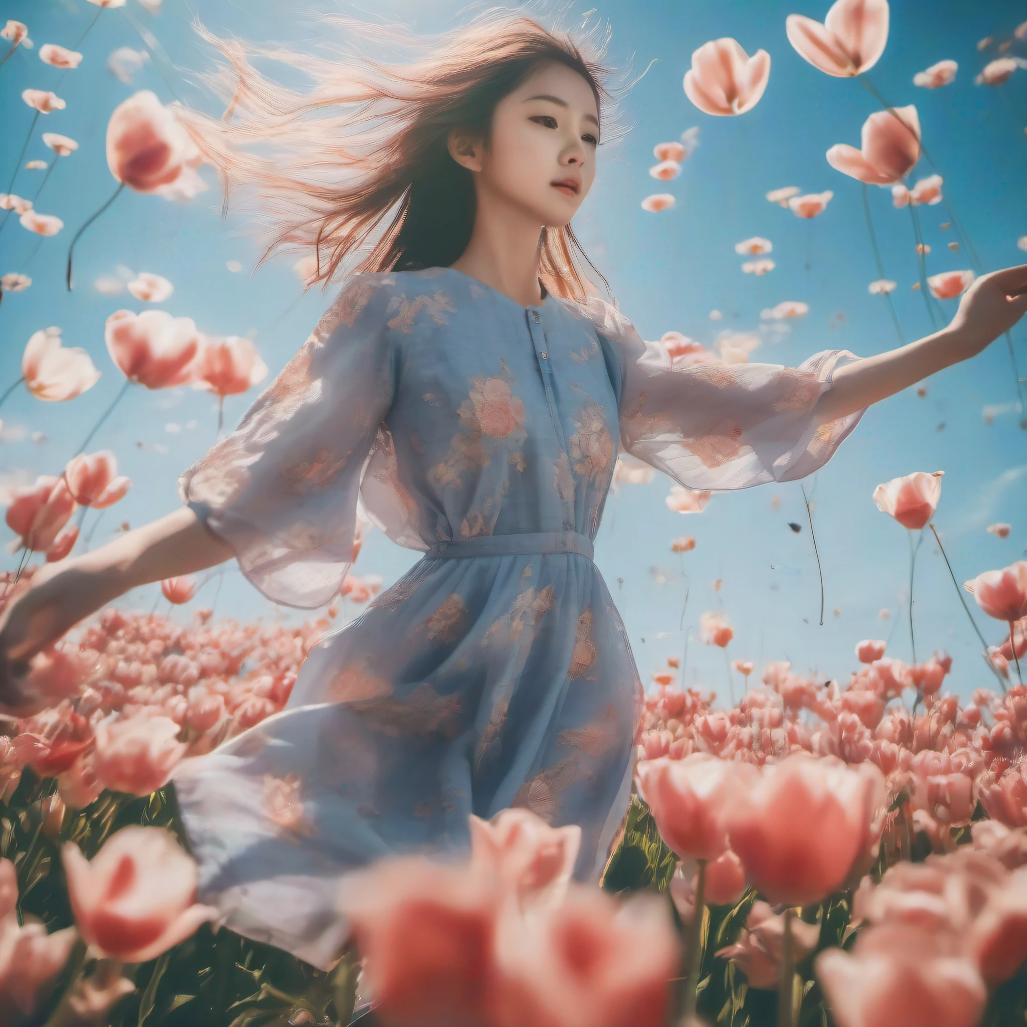 Chinese clothes, Polaroid Art,RAW photo, Extremely detailed, Detailed background, Dynamic Angle, Dramatic, Loli, Cute girl, Wind, Blue sky, Kaihuai, flying petal, flower field, tulip,sky, Sun, Field, Cinematic lighting, Lens flare