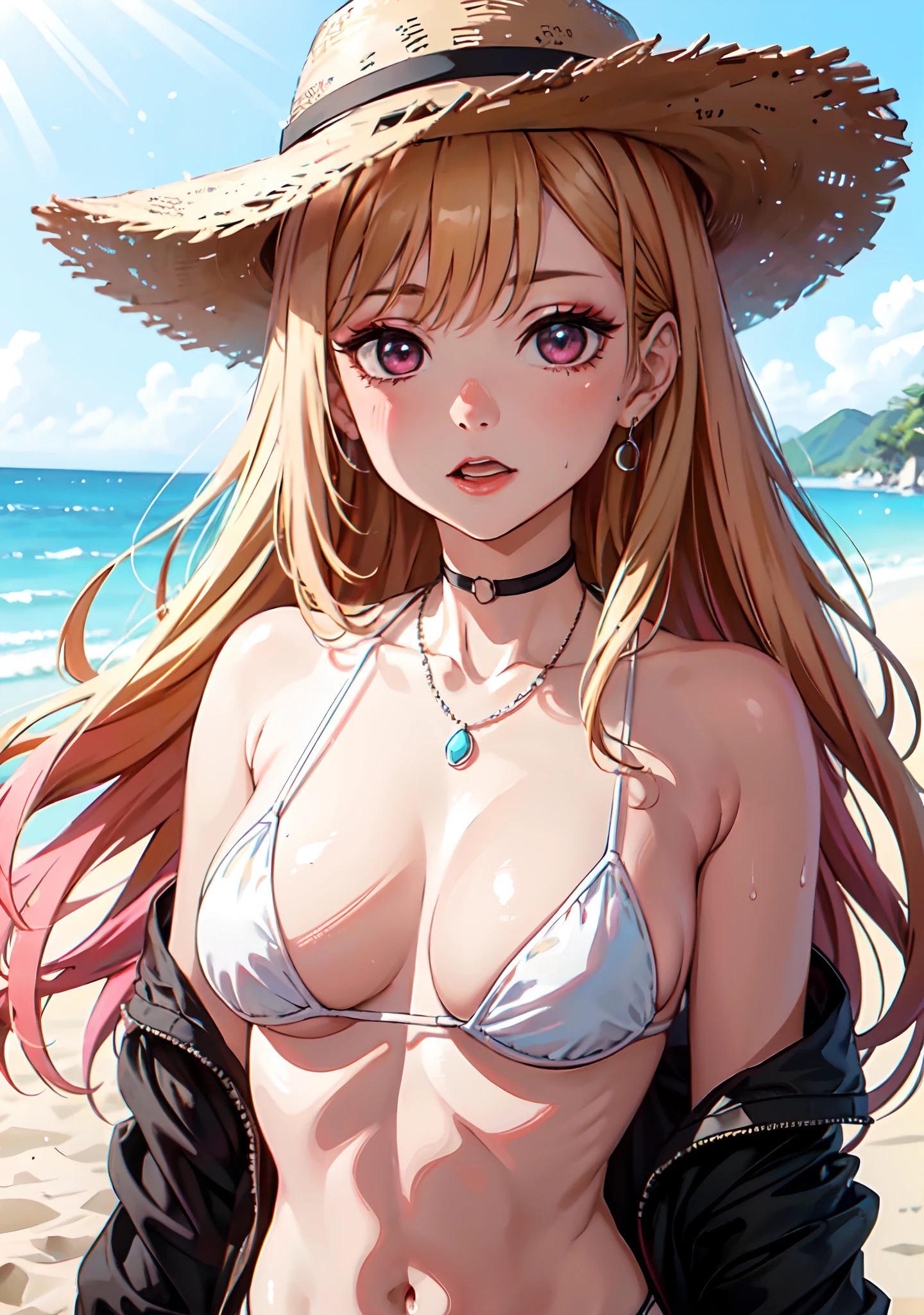 (masterpiece:1.2, best quality), (1lady, solo, upper body:1.2), Clothing: white bikini, wide-brimmed hat, strappy sandals, Accessories: shell necklace, tinted sunglasses, Hair: loose beach wavy, Makeup: natural, glowing skin, Behavior: relaxed, carefree, free-spirited, Location: beach, resort, outdoor festival, medium breasts, soaking wet, (beautiful detailed face, beautiful detailed eyes), (sunbeam, sunlight, rose, wind), marin kitagawa