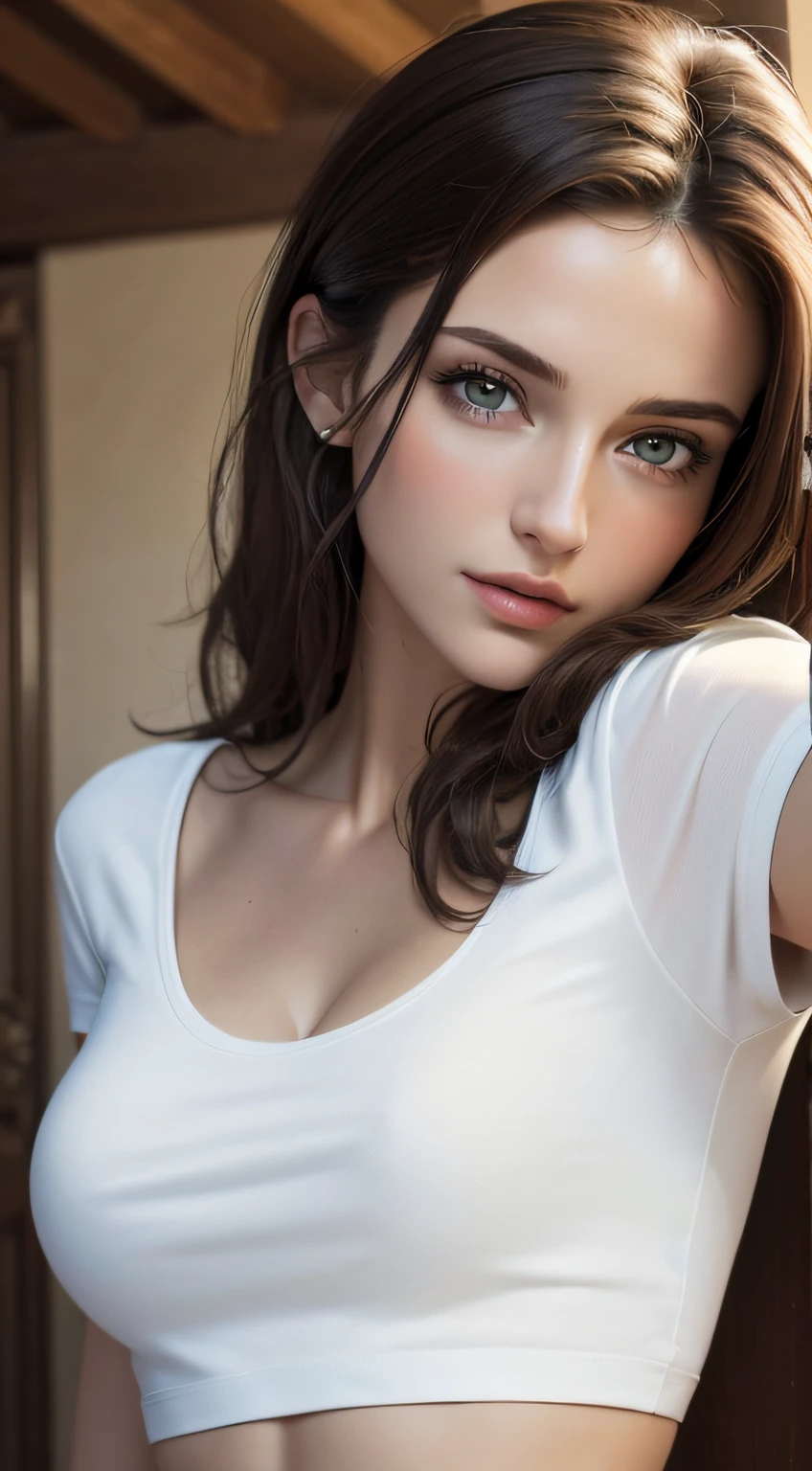 (Masterpiece, best quality, photorealistic, highres, photography, :1.3), very close-up shot, sharp focus, 1 brunette girl, European girl, hot model, midriff, highly detailed eyes and pupils, realistic skin, slim body shape, cleavage, extremely detailed hair, delicate face, sensual gaze, shiny lips, ((wearing cotton t-shirt)), indoor, ((realistic, super realistic, realism, realistic detail))