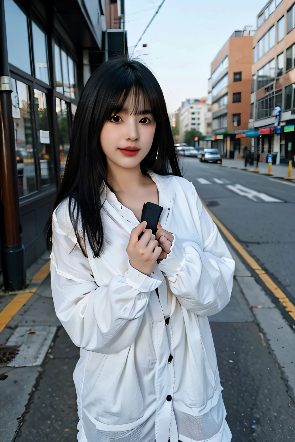 (8k, RAW photo, best quality, masterpiece:1.2), yjnn, 1girl, 3d, black hair, building, city, coat, looking at viewer,  realistic, shirt, solo,(realistic, photo realistic:1),