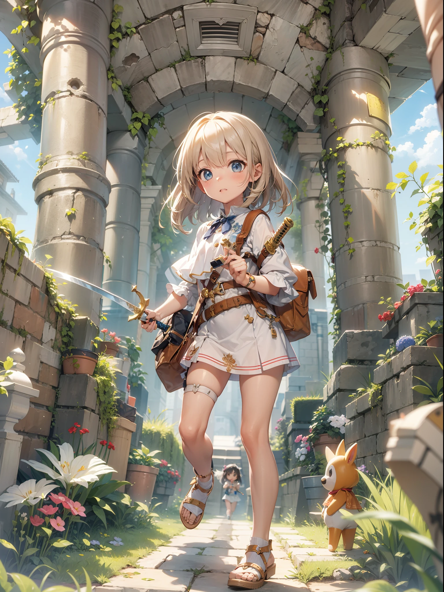 Top image quality　Original characters、City girl、Summer clothing、Toy sword in hand、Cute underground maze in game style、Intricately shaped walls、Serrated ceiling