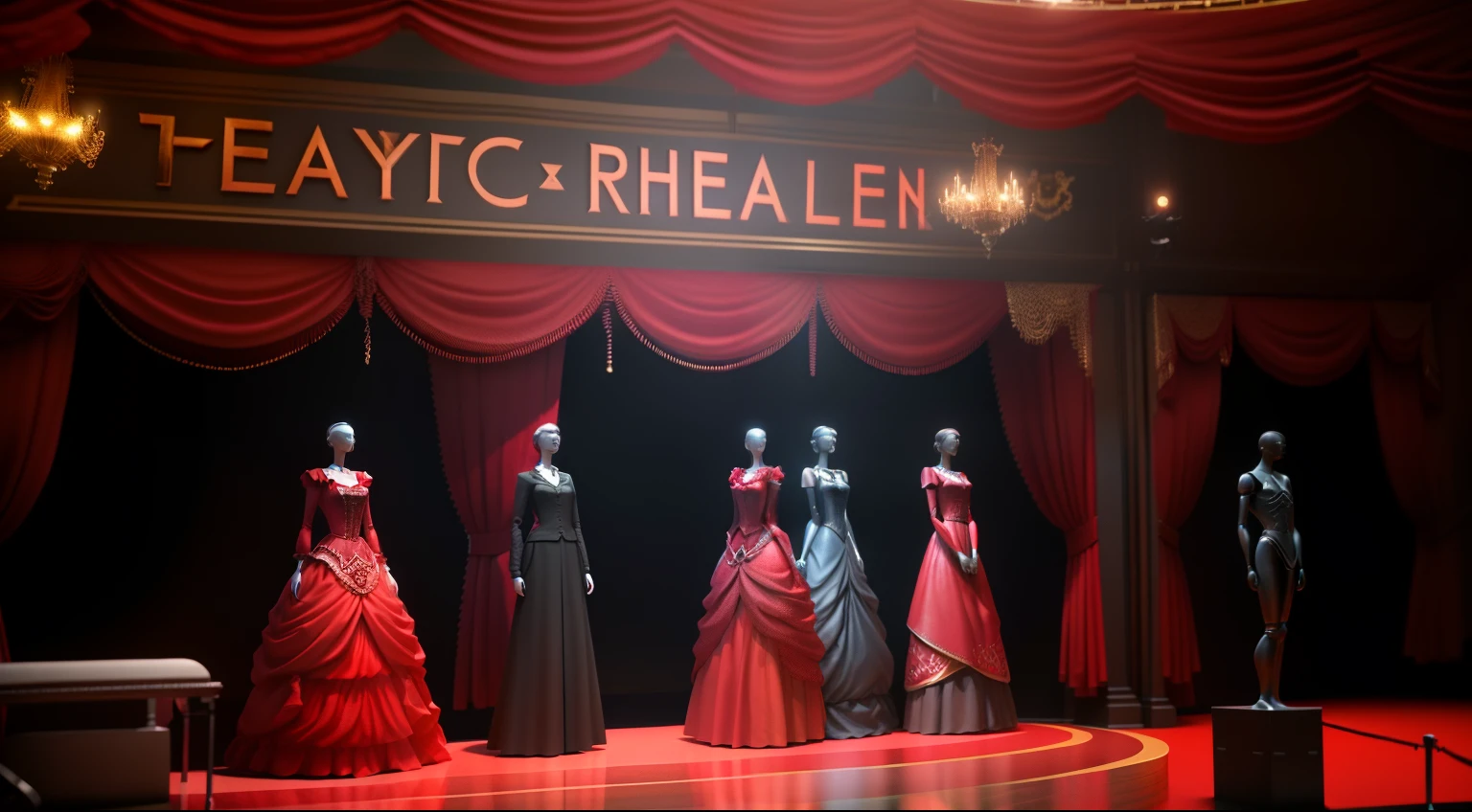 In front of the stage are three mannequins with red curtains, theater, theater stage, Costume, theater stage, theatrical, realistic cinema 4 d render, rendered in cinema 4 d, Rendered in Cinema4D, a 3D render, 3 d rendered, depicted as a 3 d render, theatrical scenery, raytraced 3d set design, rendered in 3 dsmax