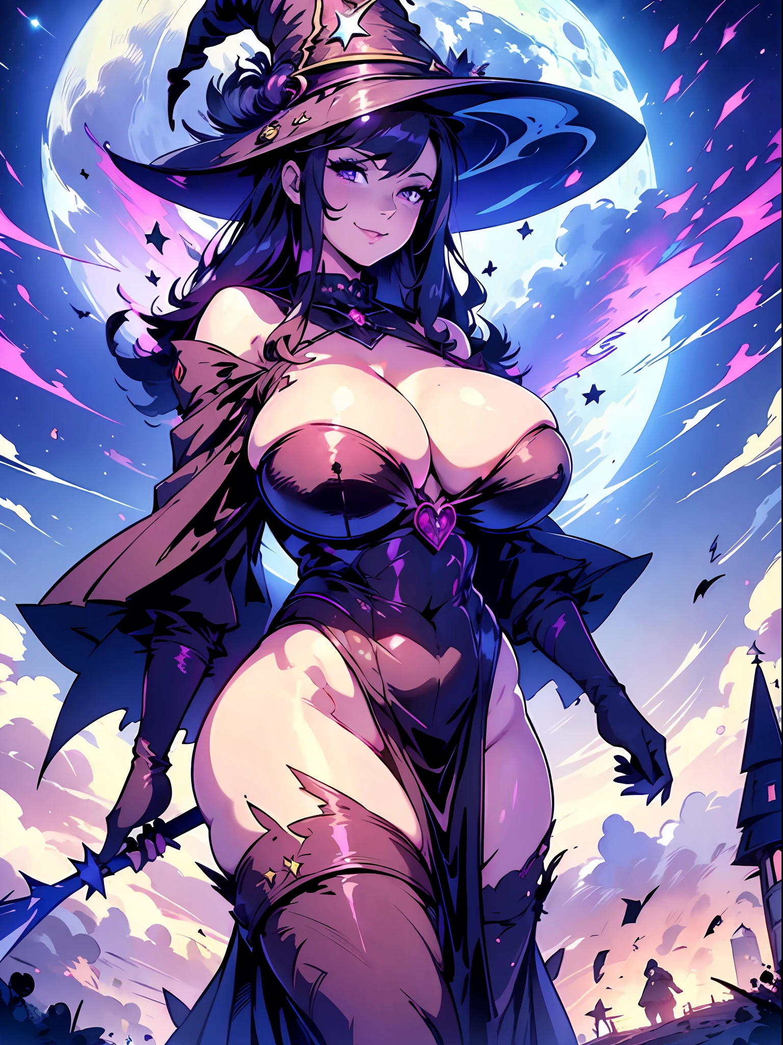(Best quality:1.1), (Masterpiece:1.4), (Illustration fantastique:1.2), dutch angle, 1fille, ((bimbo)), nypho, (sorceress:1.3), sexy mommy witch, cheveux violets, Yeux magenta, sourire malsain, Huge massive chest, curvy, MILF, thicc ass, (prairie:1.3), night, sexy pose, (pleine lune dehors:0.35), (dramatic lighting:1.2), plunging neckline, gros seins, Witch's black hat, Scarlet witch's dress with fur, witch's staff