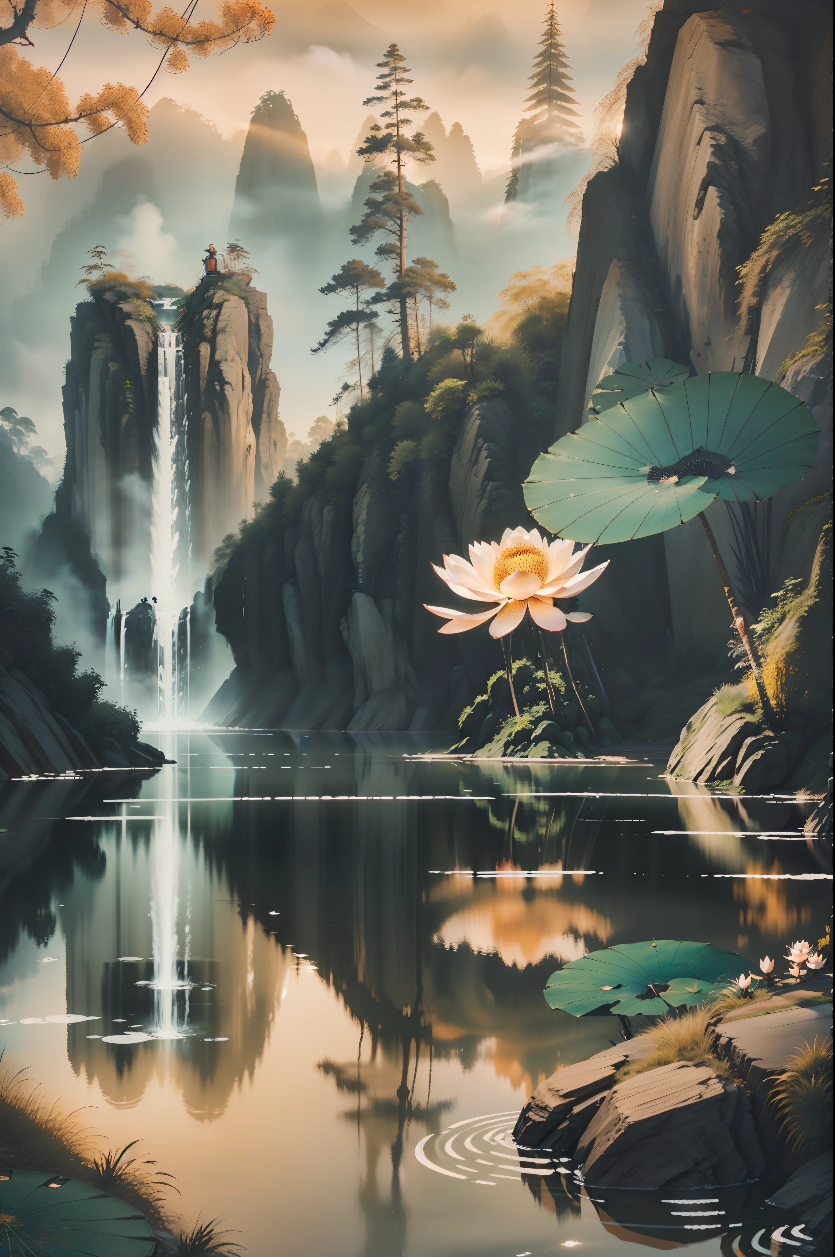 photo buddhist meditates in tranquil pond surrounded by lotus generative ai