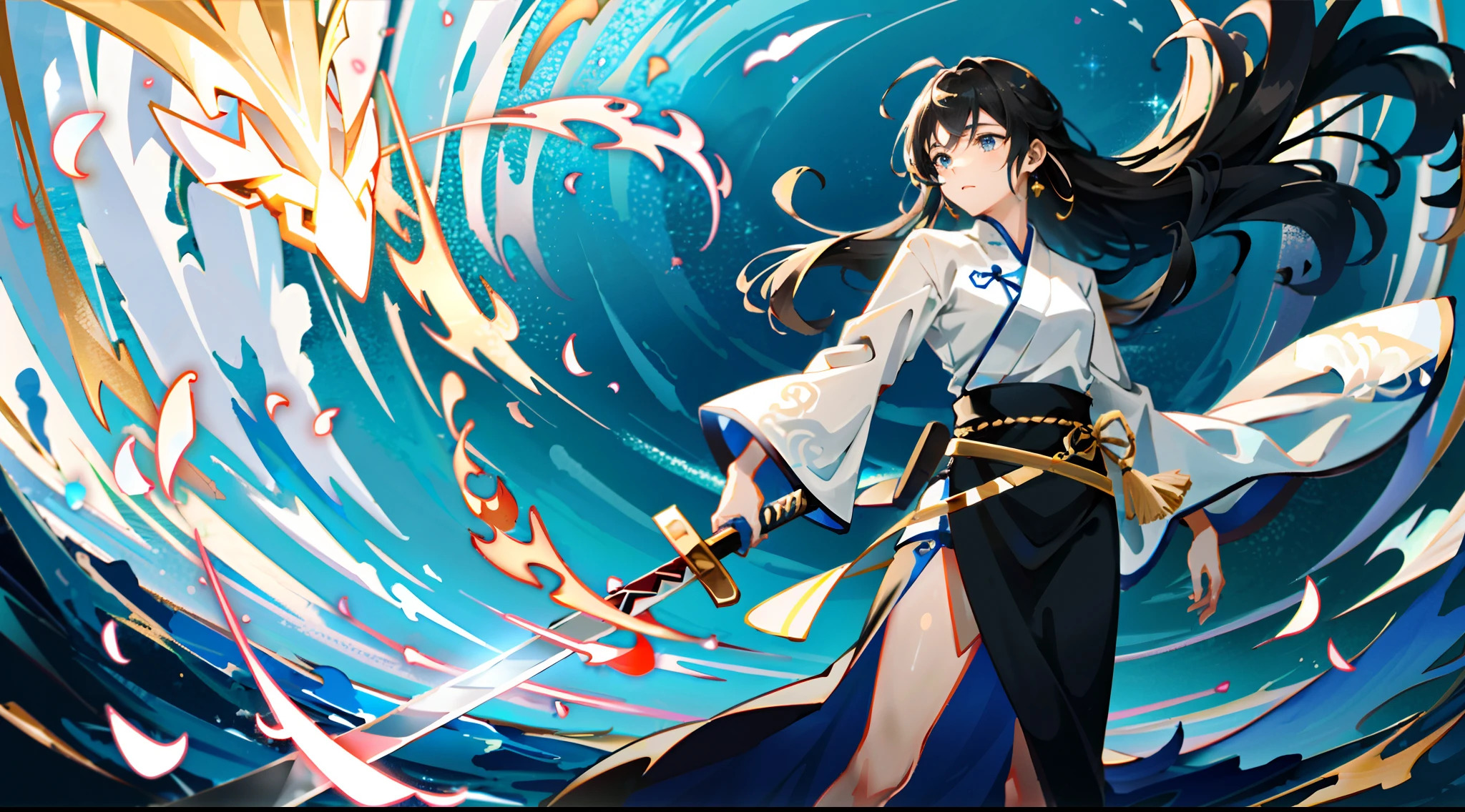 Chinese female swordsman，Wearing white Hanfu，Ancient Chinese Cold Weapon Sword 1.4，Put your feet on the glowing sword, You levitate over the forest，Blue sea background，Swirling golden glow，Essence Immortal 1.5，Tyndall effect，Glow effect，Estilo de Makoto Shinkai，Optoelectronic style，Meticulous brushstrokes，Realistic pop music，New School Beast，Knolling，8K，Golden Tornado、Neatly arranged，Fantastic landscape, The light of the knife around the character