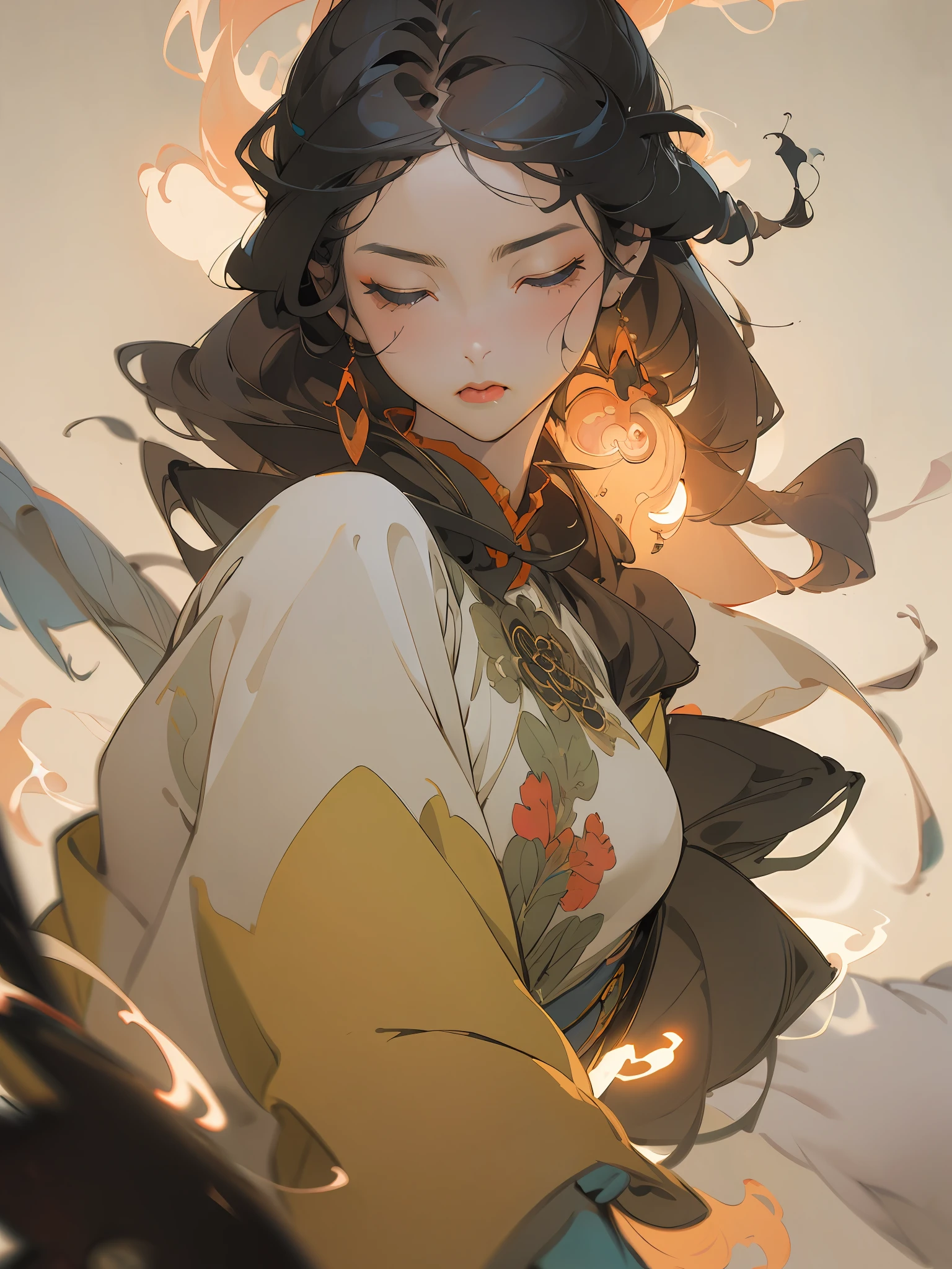 (Bare shoulders:0.85),((glowing ambiance, enchanting glow, luminouslighting, Ethereal atmosphere, A mesmerizing glow, evocative hues, captivating coloration, Dramatic lighting, Enchanting aura)),1girll,Masterpiece,Best quality,1girll,(in clouds of smoke:1.1),(Dynamic smoke is everywhere:1.4),(Upper body:1.2),(1 Chinese pattern in the middle of the girl's forehead),A girl with a weak temperament,,(epic cinematic),Soft natural light,rim-light,Absurd,Amazing,Funny,复杂,ultra - detailed,Pink flowers,pastelcolor,,flor branca,Pink flowers,