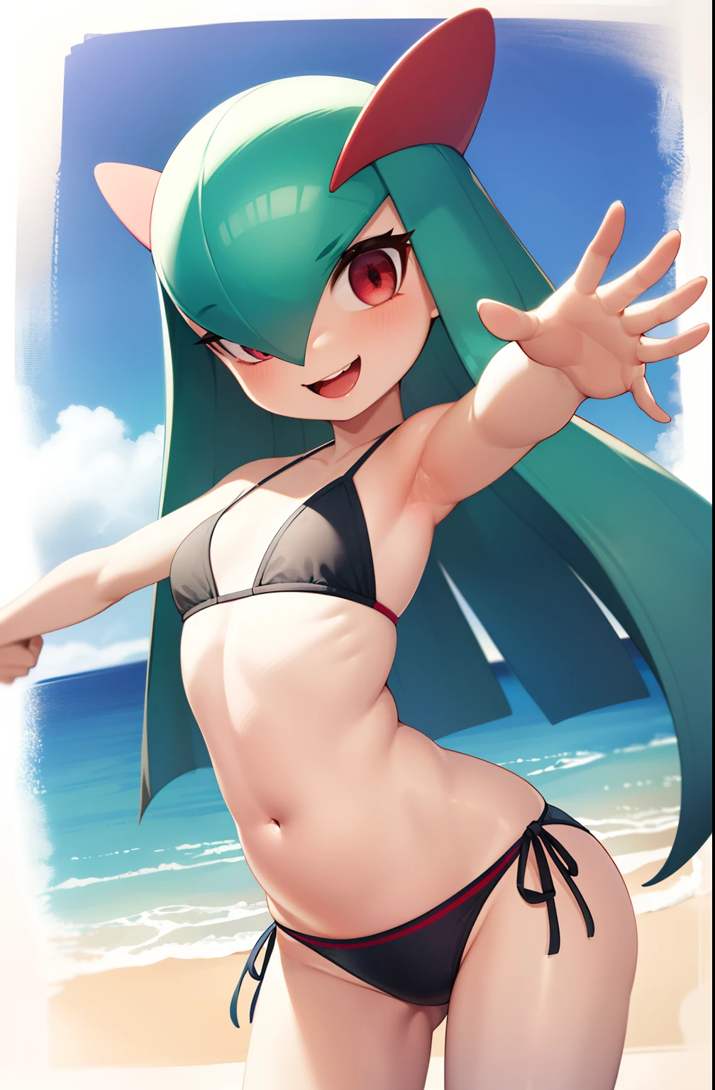 obra maestra, mejor calidad, 1 girl in, solo, kirlia, cabello verde, ojos rojos, en un yate, riendo, bikini, bikini de dos piezas, senos grandes, senos femeninos grandes y redondos, embarazada, bikini rojo, de lado, manos en las caderas, presumiendo su trasero, ropa ajustada, sonrisa picara, mirada seductora, mirando sobre el hombro, ojos de gran detalle.