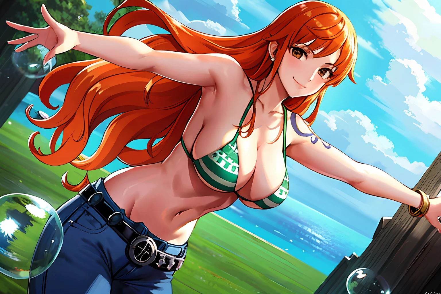 detailed background, masterpiece,  nip slip, best quality, 1girl, solo, nami \(one piece\), 1girl, bangle, hands out of frame, detailed arms, strong arms, muscular body, flex muscles, seductive, bangs, bare shoulders, belt, bikini, bikini top only, blue sky, bracelet, breasts, brown eyes, bubble, cleavage, cloud, cowboy shot, day, denim, earrings, floating hair, green belt, green bikini, groin, jeans, jewelry, large breasts, log pose, long hair, looking at viewer, navel, orange hair, pants, shoulder tattoo, sidelocks, sky, smile, solo, laying on the floor, posing, stomach, swimsuit, tattoo