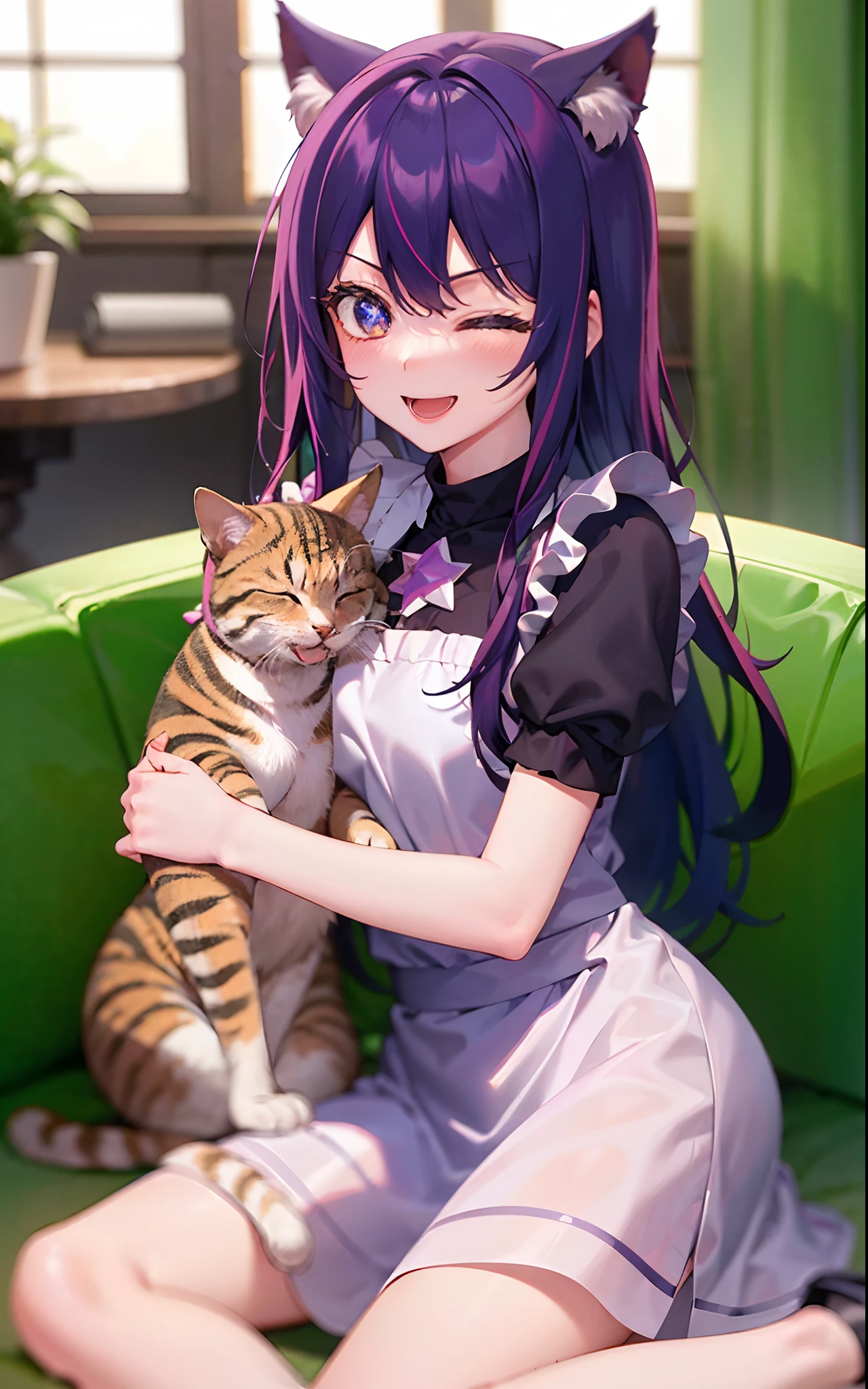 1girll,((There is a five-pointed star in the eye))Gorgeous Hair in Long Purple,Smile,Open mouth,the maid outfit,Blushlush,Cat ears,sofe,sitting in the couch,One eye closed,Holding a cat cat,all fours