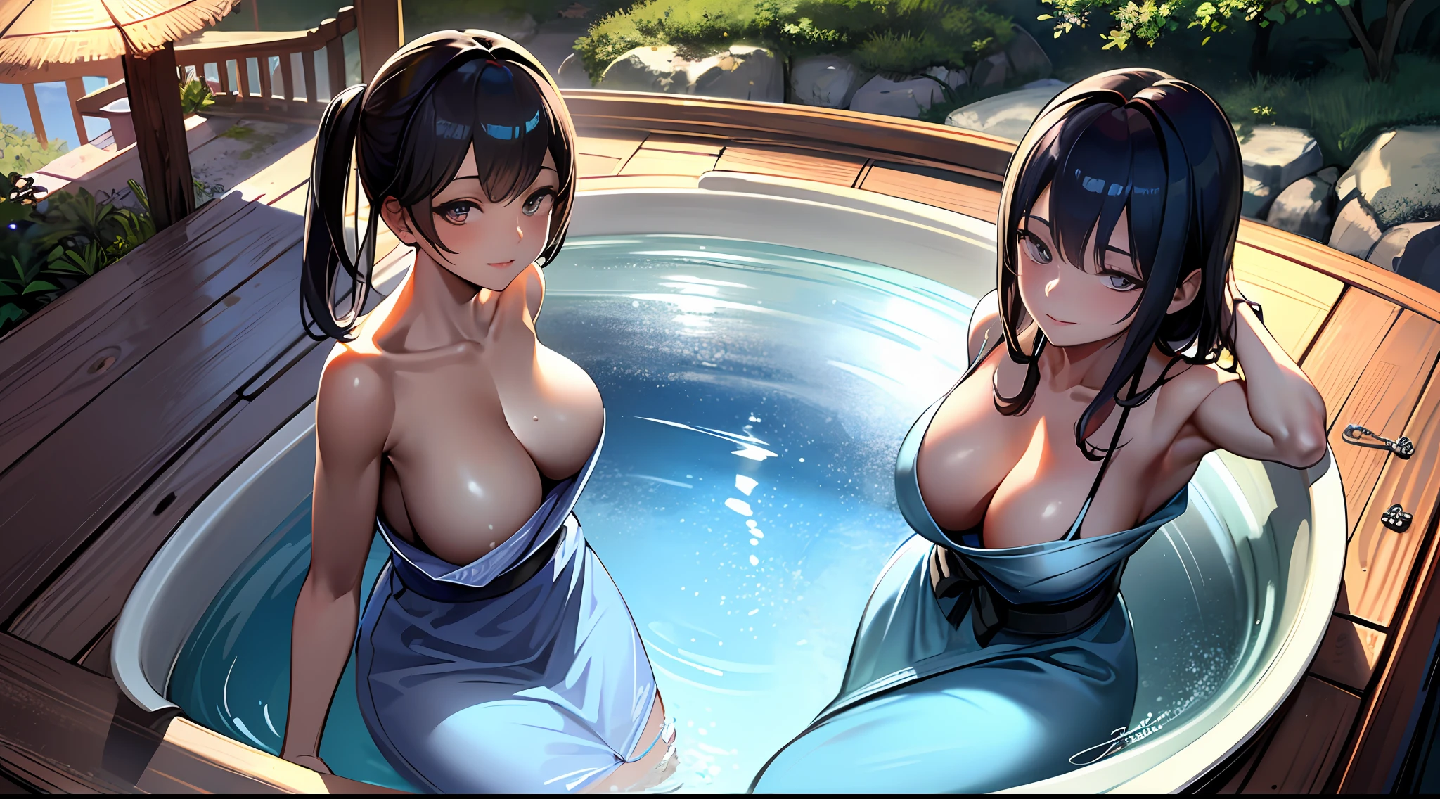 Master made，5 beautiful girls who soak in hot springs，soaking in water，Wear a light gauze yukata，Outline seductive body curves，Beautiful valley with background，There are pavilions，Flowing Water Creek，Conforms to the principle of flat perspective，Very attractive graphics，Highest image quality，complexdetails，Enrich the picture，Hazy rendering，Gentlemanly manners，True skin texture，Realistic skin texture，Warm sunlight illumination，1080p。