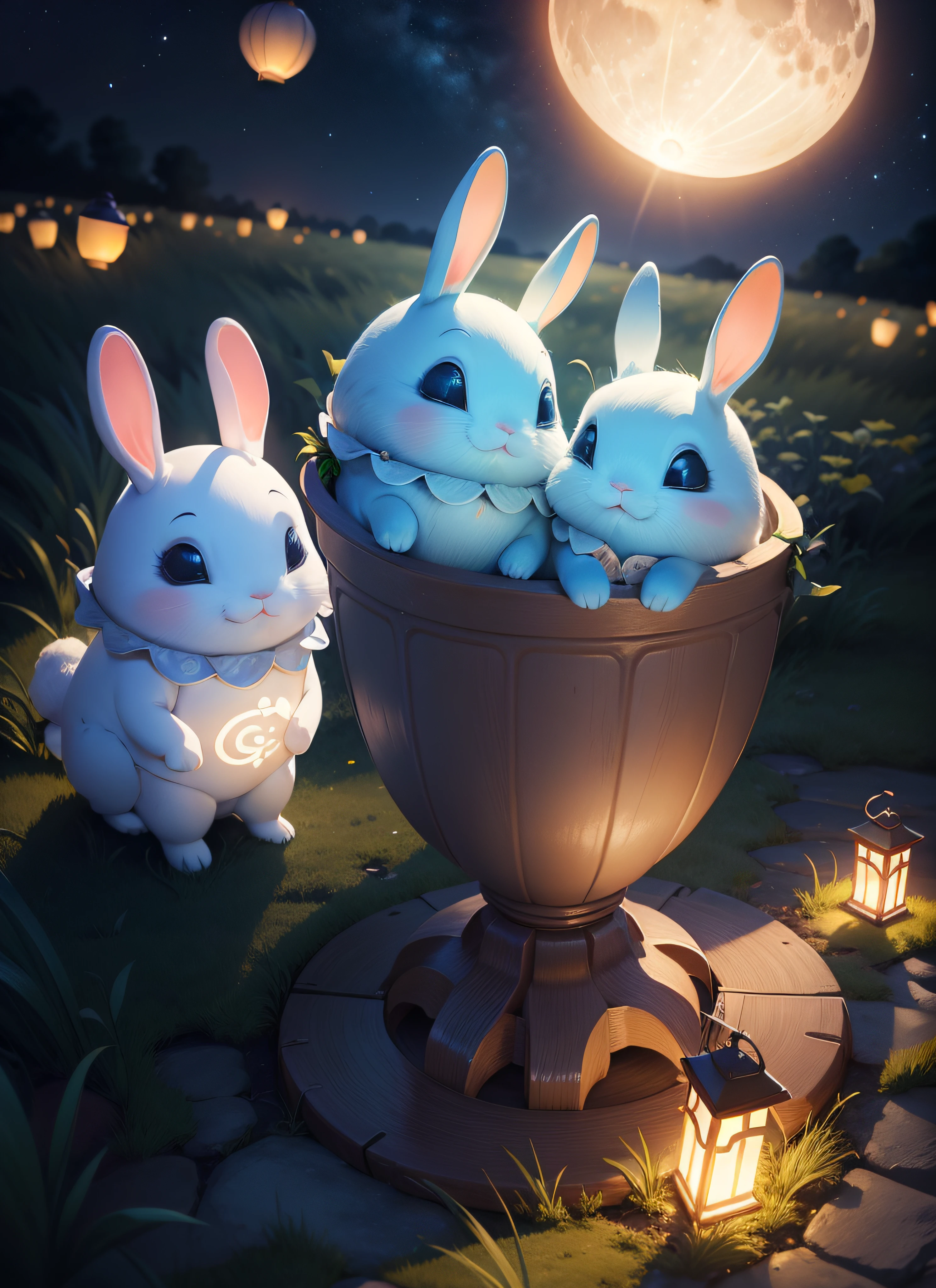 1 The great moon hangs above the sky,Under the light blue beautiful night sky, There are 3 happy rabbits eating mooncakes on the grass,There are glowing fireflies in the sky,There are glowing lanterns on the ground。The illustration is a high-definition illustration in 4K resolution,With very detailed visuals。
