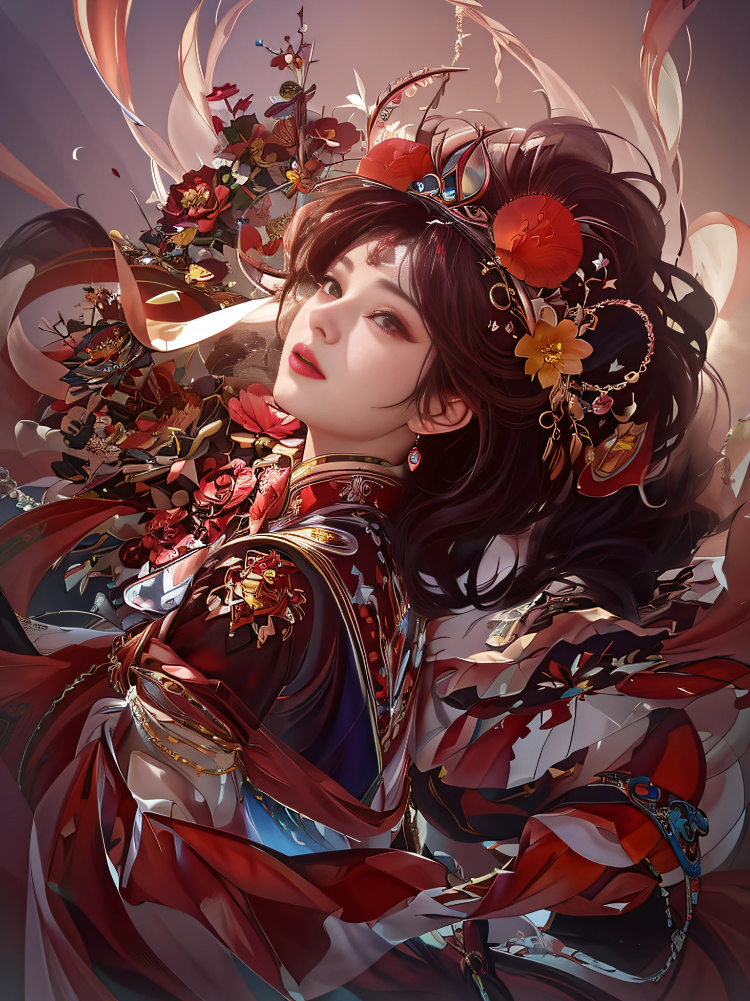 There is a woman wearing a large headdress and a flower crown, by Yang J, Guviz-style artwork, a beautiful fantasy empress, By Li Song, Palace ， A girl in Hanfu, Beautiful character painting, Ross Tran 8 K, ((a beautiful fantasy empress)), author：Oliver Sheen, Guviz, intricate wlop