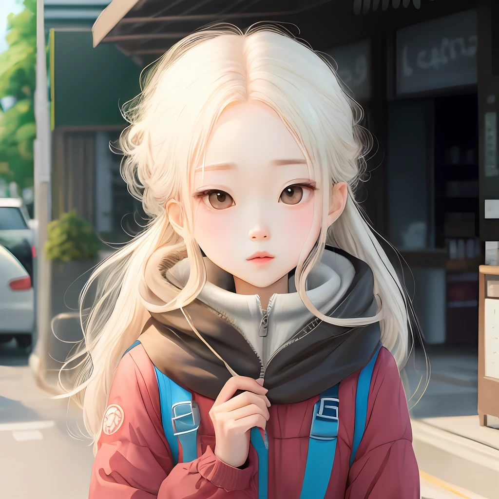 Cute girl manga 2d，with a round face，white skinned，neck long