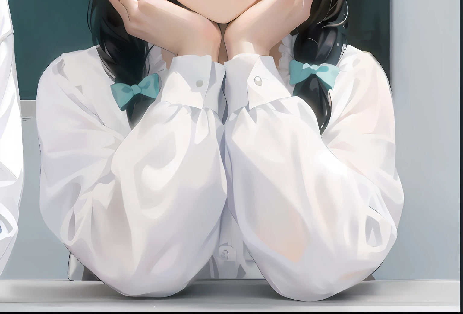 There was a woman who covered her face with a bow tie, Soft anime illustration, twintails white_mitts, drawn in anime painter studio, made with anime painter studio, anime moe art style, White sleeves, Crossed arms, Cute anime girl, anime visual of a cute girl, Kawaii realistic portrait, clean and meticulous anime art, [ 4 K digital art ]!!