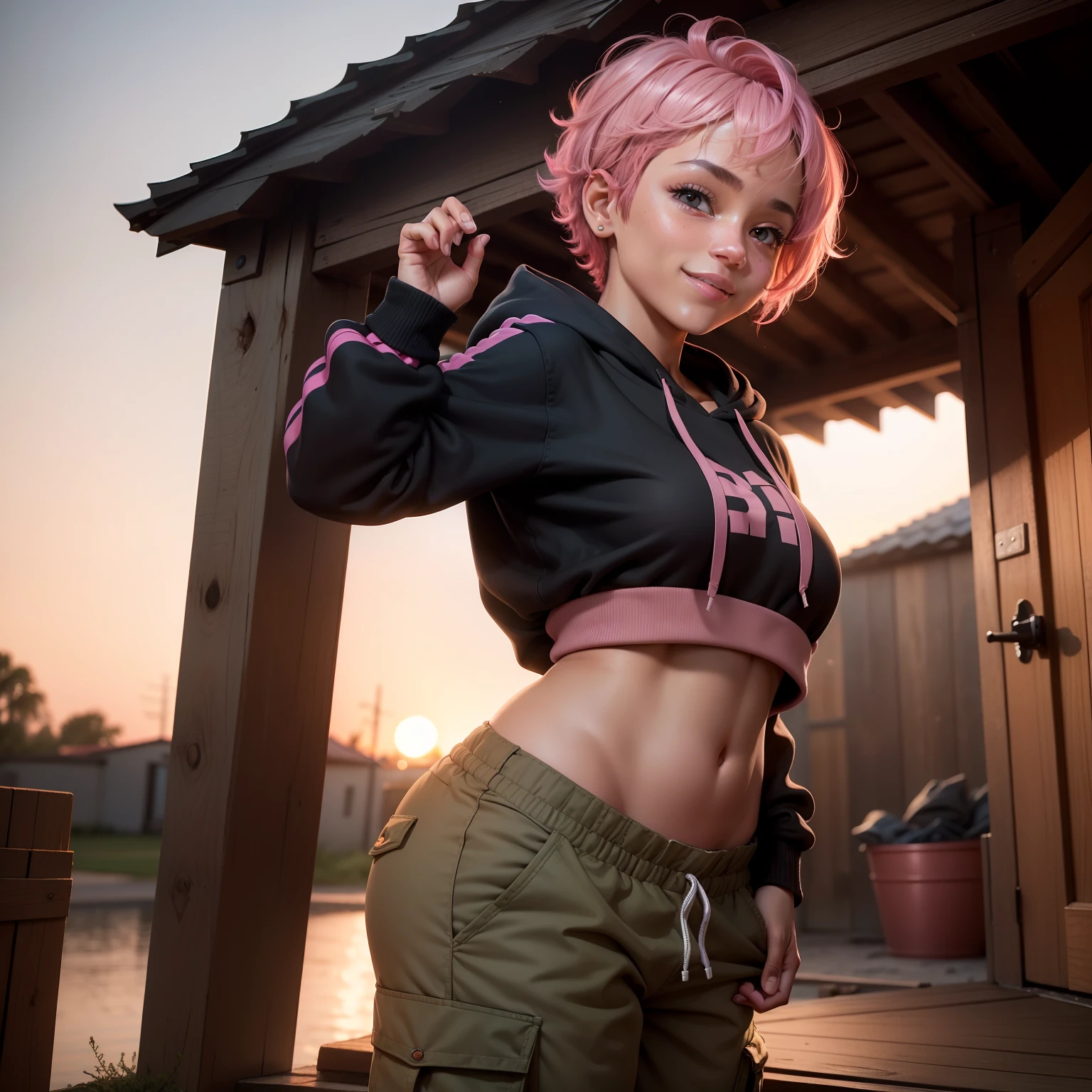 Extremely detailed, 8k quality, subtle lighting, sunset, camera flash, hispanic female, short pink hair, small breasts, gigantic ass, pink cargo pants, black hoodie, looking at camera, detailed face, detailed hands, detailed body, smiling, caramel skin complexion, one person, in front of home, fully clothed