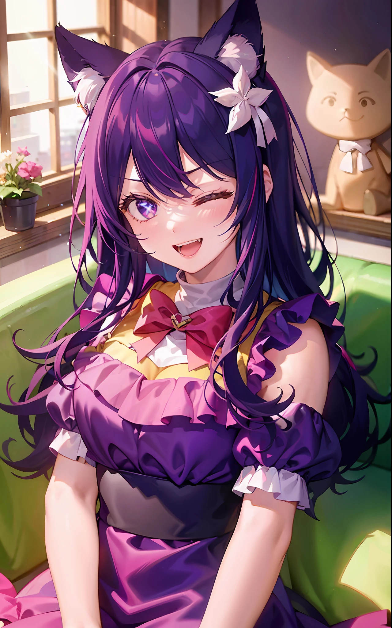 1girll,((There is a five-pointed star in the eye))Gorgeous Hair in Long Purple,Smile,Open mouth,the maid outfit,Blushlush,Cat ears,sofe,sitting in the couch,One eye closed,Holding a cat cat,all fours
