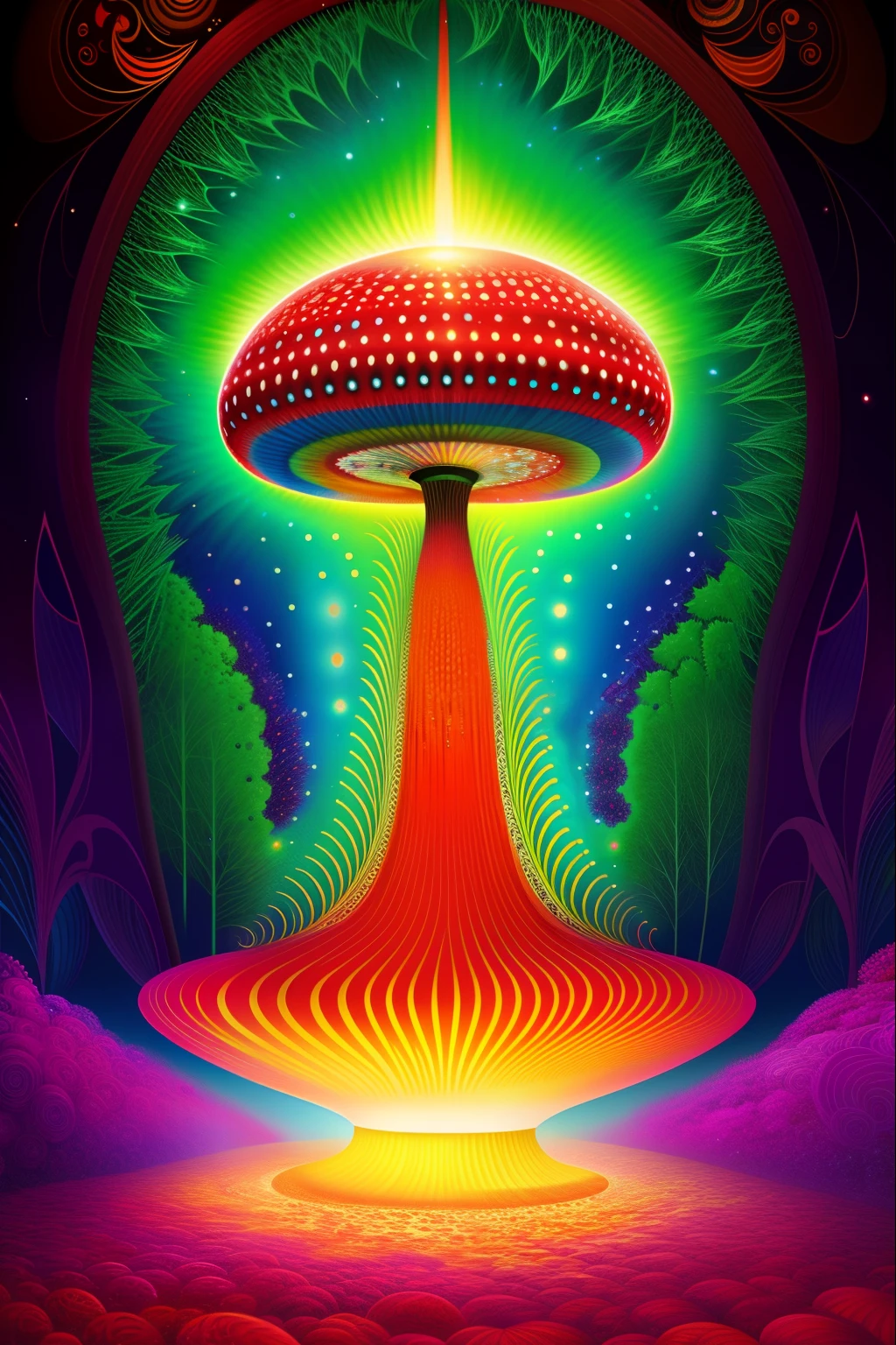 Amanita muscaria, psychedelic surreal art, estilo dan mumford e alex grey, psychedelic illustration, hyper detailed visionary art, Hyper Visionary Art - Detailed, psychedelic artwork, surreal + altamente detalhado, arte digital altamente detalhada 4k, arte psytrance, Directed by: Justino Geraldo, arte digital detalhada 4K, Arte Trippy, Surreal psychedelic design, desenho camiseta