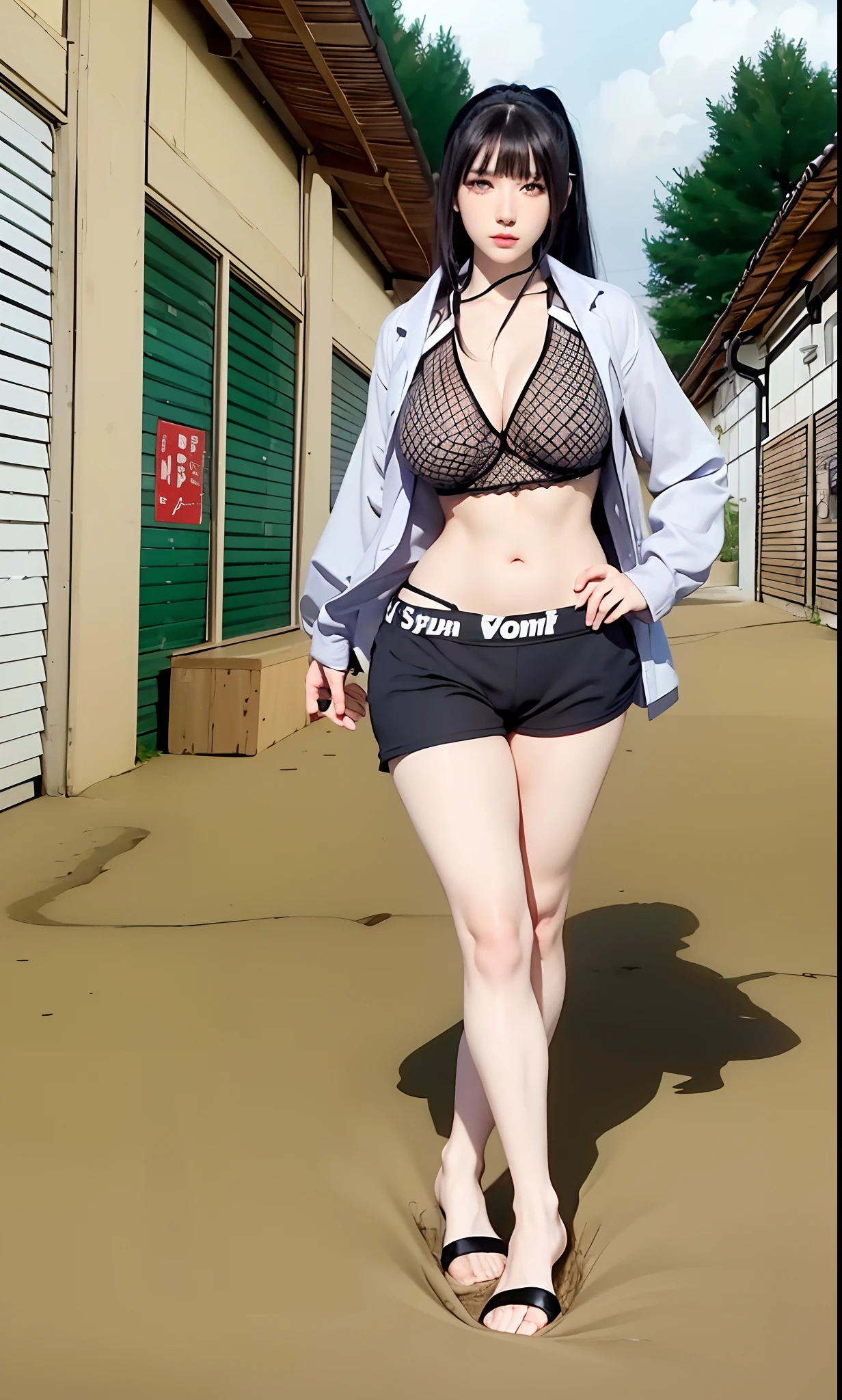 Realistic, 8k, 1girl, long white black ponytail hair, Chinese, heterochromic eyes, moles under the eyes, thick eyebrows, bikini, white panties, tuned abs, thighs, in bed, sleeping beauty, hinata hyuga, hinata,