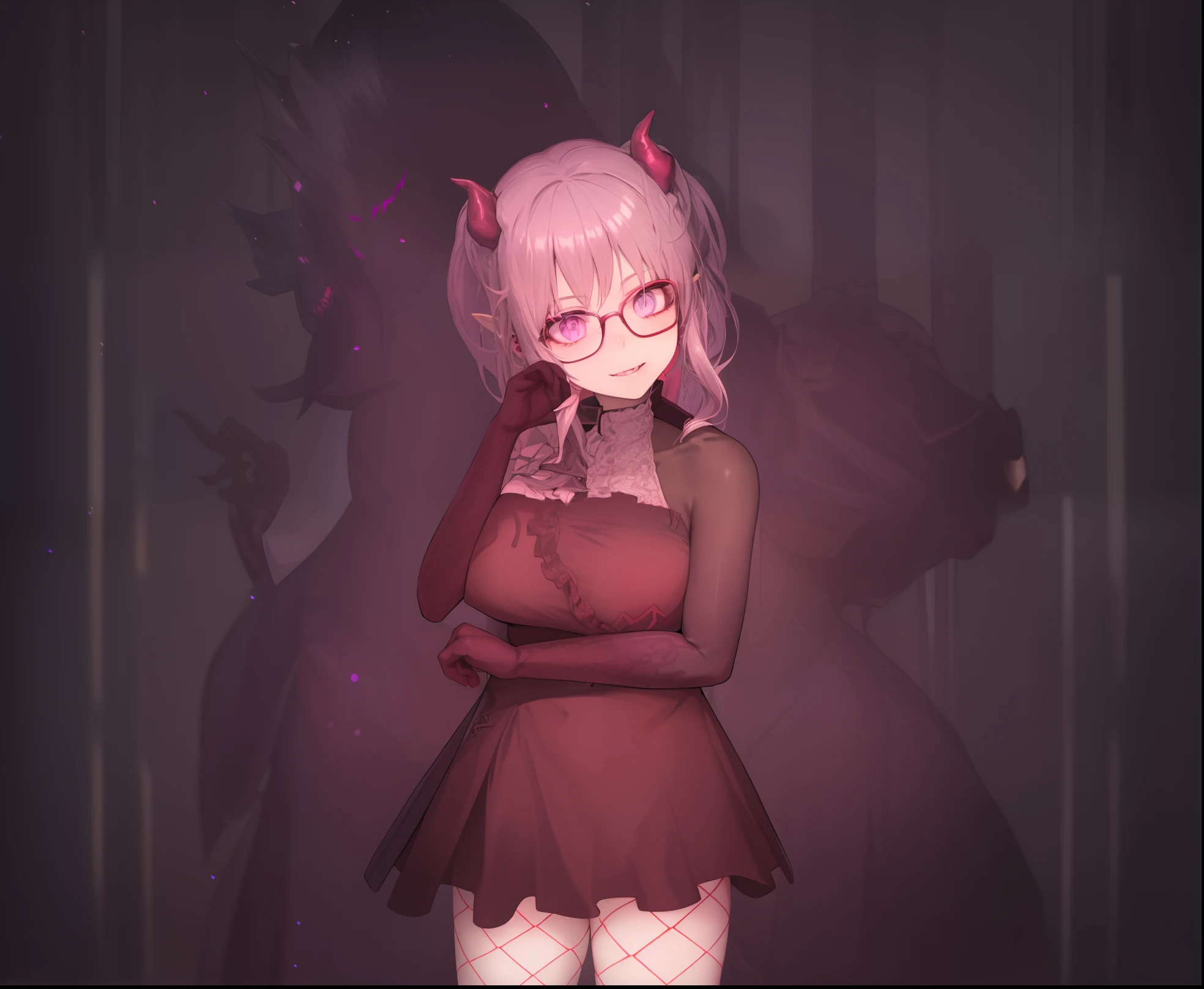 There's a girl with dark pink hair and glasses posing for a photo, Gapmoe Yandere Grimdark, menina anime demon, pose assustadora, Demon girl, Succubus em vestido curto apertado, 1 7 -  - old me goth girl, segurando uma pose de pudica, Avatar do Second Life, goth girl, gotic girl, gothic maiden anime girl, lo gothic!!