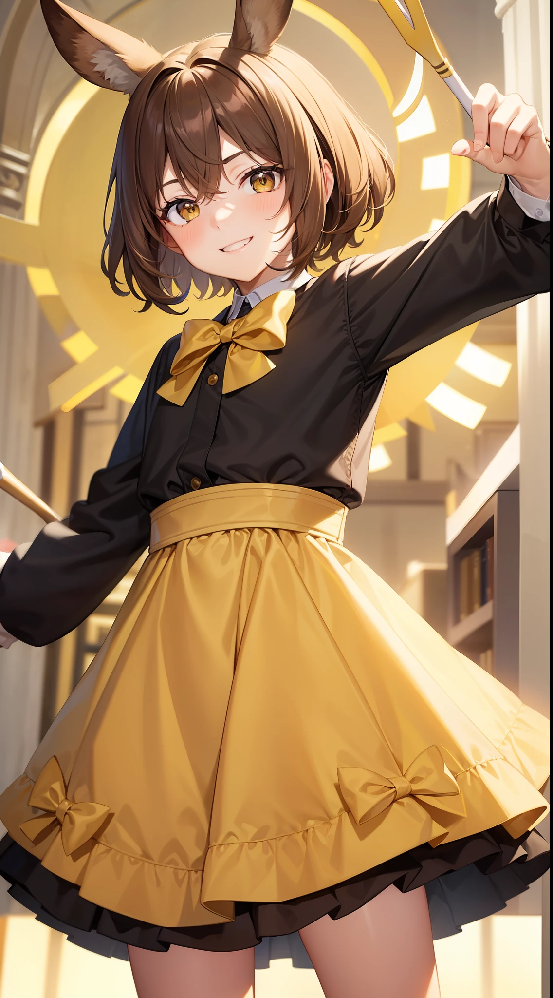 Young guy, Brown hair with blonde strands, Yellow eyes, brown rabbit ears, Smile, Bow and arrow, Masterpiece, hiquality