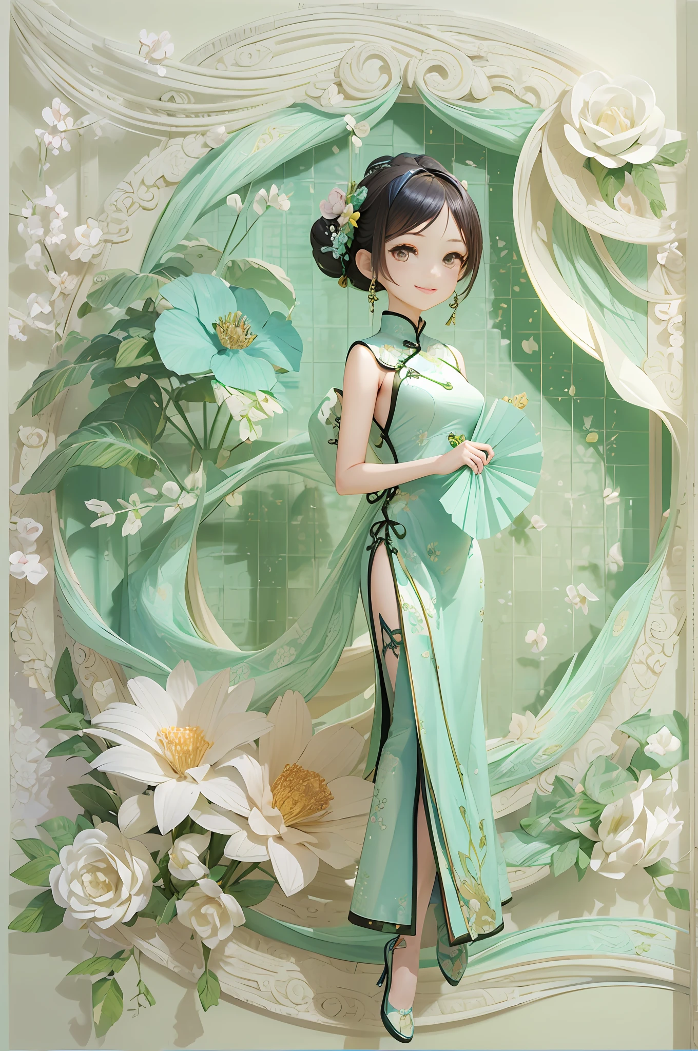 (paper art, Quilted paper art, 3D),  (full body:1.5),1 Cheongsam woman，Slender figure，perfectly proportions，Delicate hair accessories, smile，Oriental elements，simple background, mint green,  (Soft Lighting, Bokeh)，high quality，4K