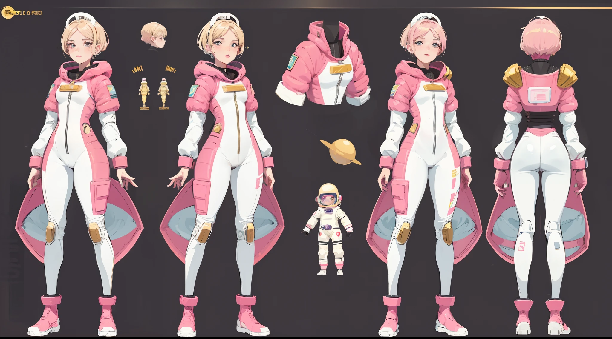woman space cadet named Anne-Marie, (((Anne-Marie))), detailed face,short pink hair, fullbody, ((golden art deco space suit)), turnaround, character sheet