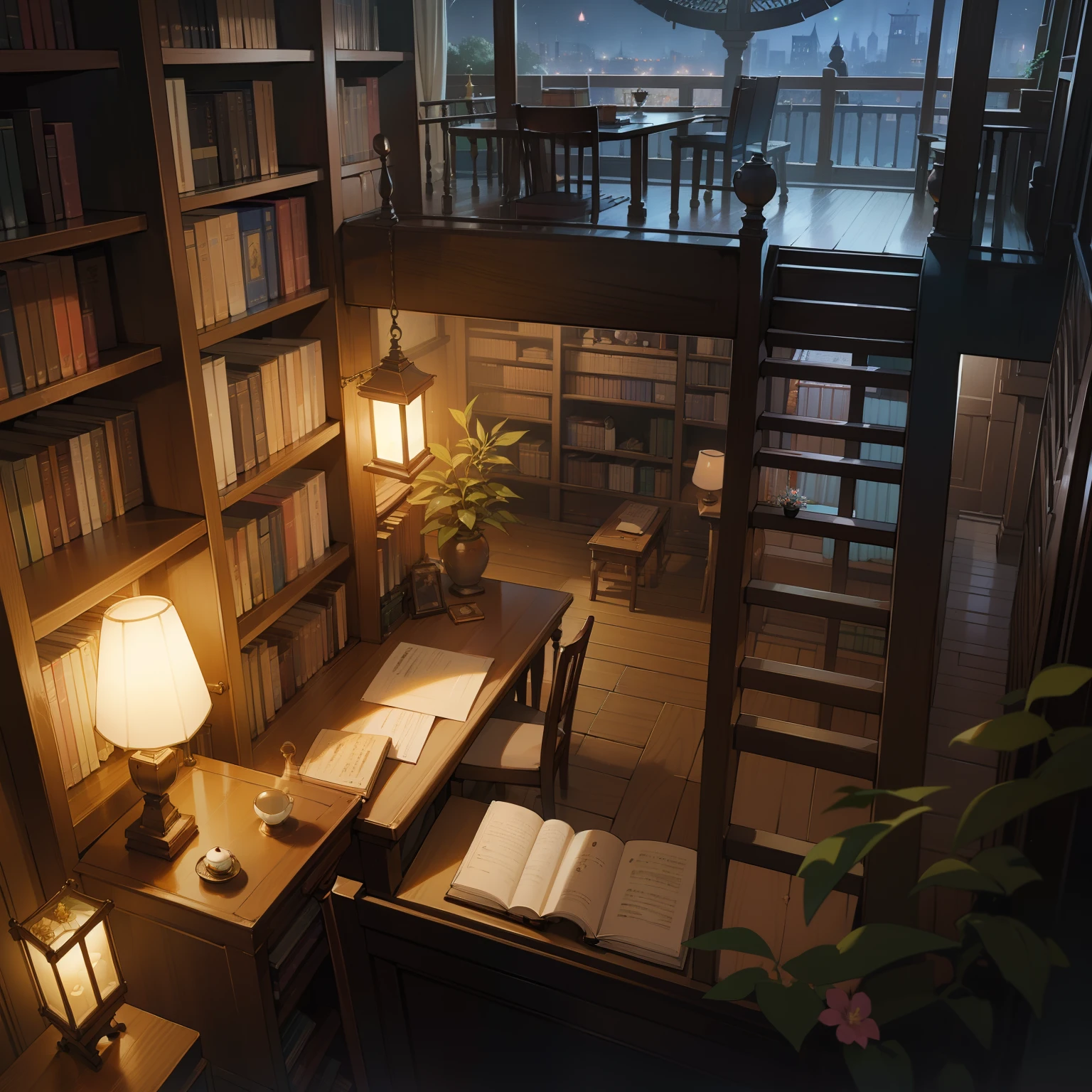 ((Best Quality)), (((masutepiece))), library at night, many book, desk, chair, note, pan, bookshelf, flower pot, table, windows, night view, teapot, tea cup, ladder, stairs, loft