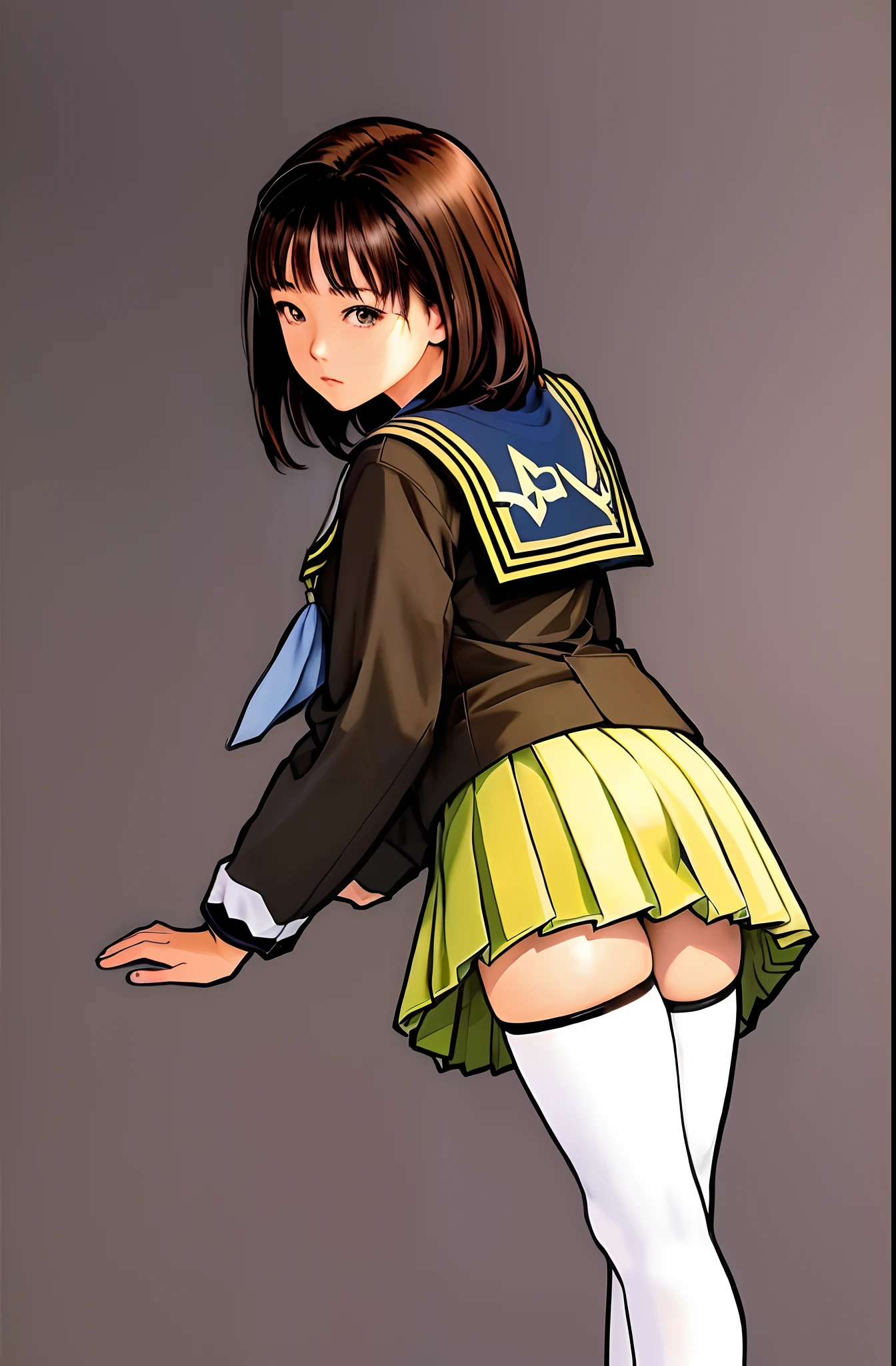 a close up of a person wearing a uniform and a skirt, beautiful anime girl crouching, Surrealism female students, Surrealism female students, aya takano color style, Realistic schoolgirl, Beautiful Anime High School Girls, Marin Kitagawa fanart, ecchi anime style, chiho aoshima color scheme, the anime girl is crouching, rei hiroe