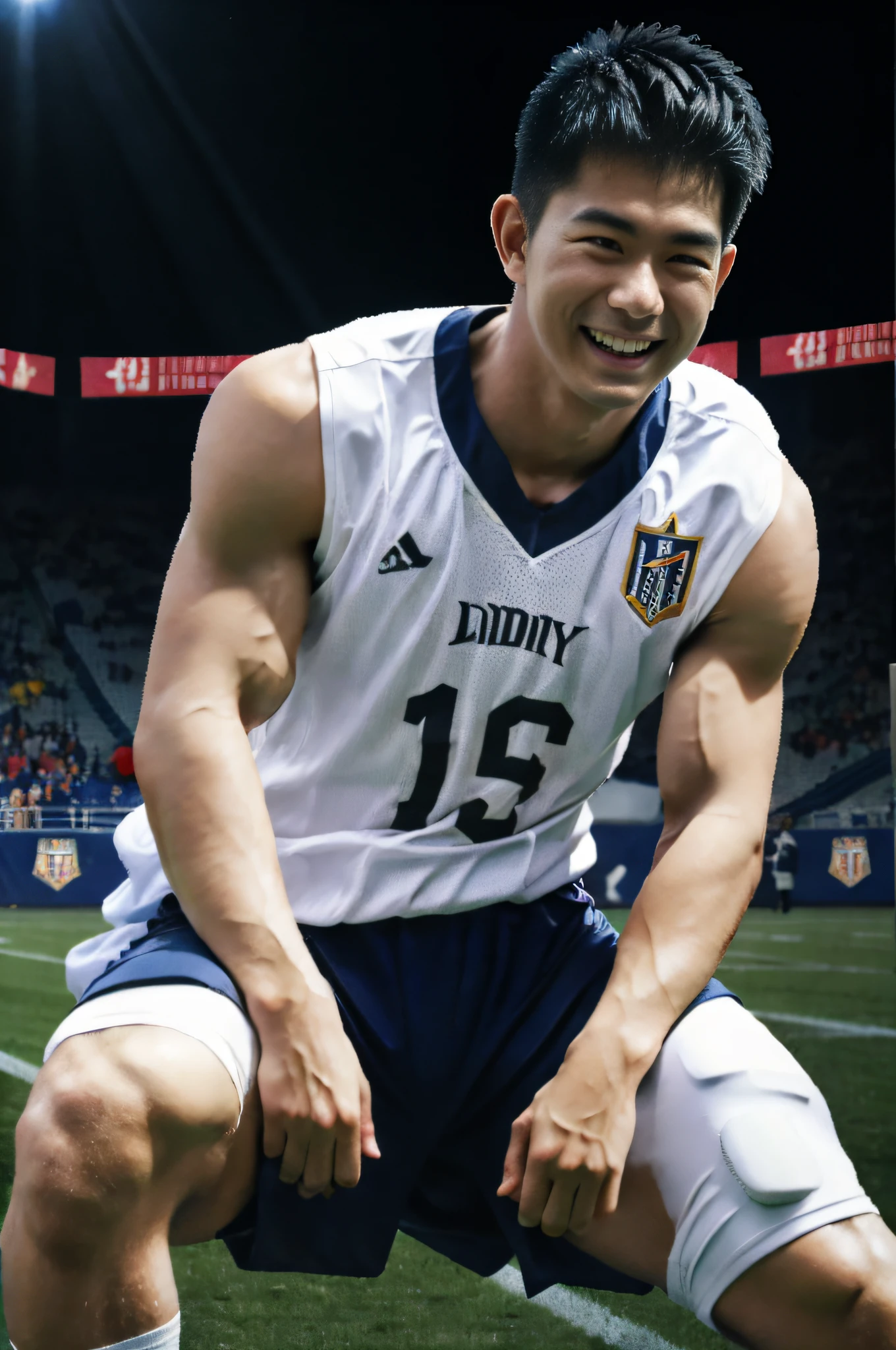 tmasterpiece, best qualtiy, A high resolution, realisticlying, Handsome, Photogenic, virile, Asian people,18yr old,Libido boy(large muscle),Flower arm tattoo, Sainke's face (dark tanned skin:1.4) Athletic athletes puff out huge pectorals, In the middle of the football field,Football clothing, Dumb giggled and looked at the audience, short detailed hair, hdr, octanerender, 8K, Dinamic Light, Studio light, highdetailskin,high-detail face,digital SLR camera,high high quality,filmgrain,富士XT3,skin pore