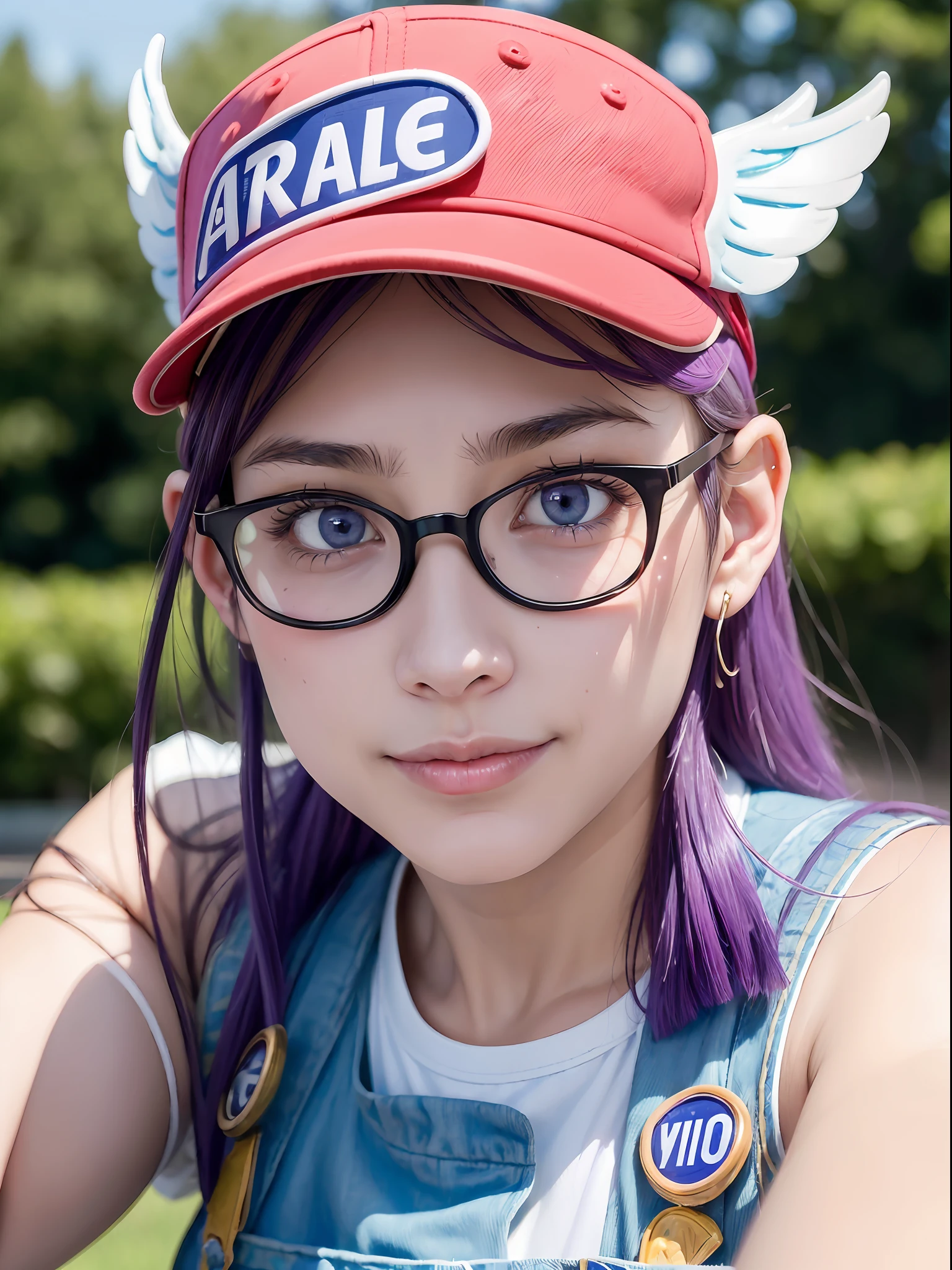 (masterpiece, best quality:1.4), (close up:1.5) (face focus:1), 1girl, solo, (european youth:1), arale, glasses, blue eyes, long hair, purple hair, short sleeves, wing hat, red cap, (with the word "ARALE"), (wing cap:1.5), red shirt, blue overalls, looking at viewer, beautifull smile, beautiful face, highly detailed face, highly detailed eyes, highly detailed skin, skin pores, subsurface scattering, realistic pupils, full face blush, full lips, detailed background, depth of field, volumetric lighting, sharp focus, absurdres, realistic proportions, good anatomy, (realistic, hyperrealistic:1.4), 16k hdr,