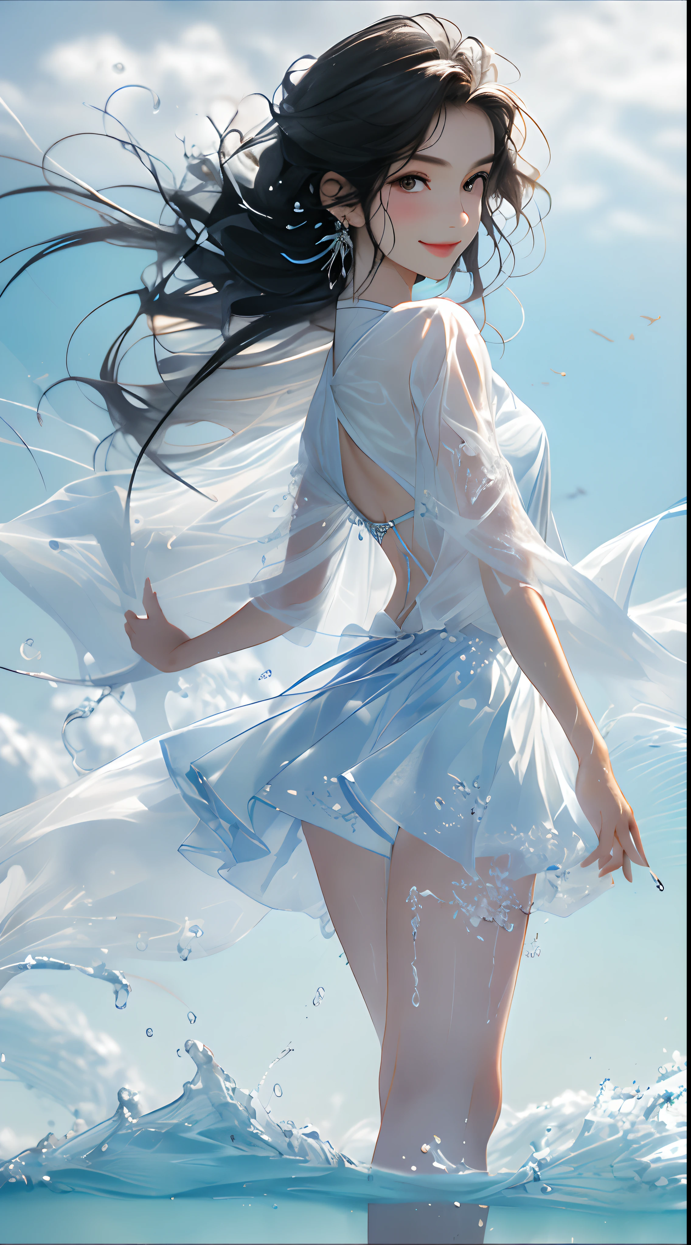 ((top-quality, 8K, tmasterpiece: 1.3)), Telescopic shot: 1.2,Delicate, (( perfect bodies: 1:2)), (wetclothes: 1.1),Beach in the background, short skirt: 1.1, Highly Detailed Face and Skin Textur,, Whitens the skin, cabelos preto e longos, Smile back