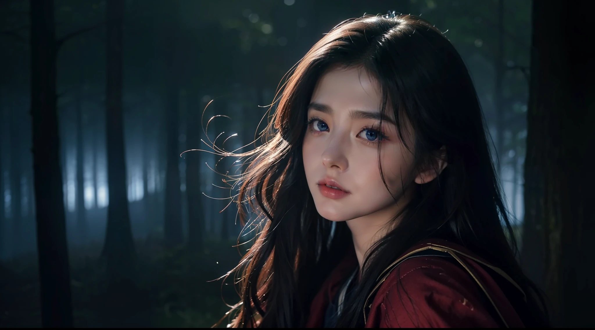 Fantastic forest,Night, Dark, (Fantasy),infinite,deep blue sky,The abyss of knowledge,Cowledge,((masutepiece)), (((Best Quality))),((Beautiful fine eyes)),(Eye lashes)、Realistic clouds、Very beautiful face、The ultra -The high-definition、Wolf and Human Girl、(女の子1人)、Black hair、The long-haired、abyss eyes、glowy skin、oils、small tits、Perfect human body structure、Robe with red hood、tattered cloth、Realistic coat、Teenchi、Super delicate CG Unity 32k wallpaper、photoRealstic、masterpiece, ((ultra-detailliert)), ((illustratio)),colourfull,wall-paper,The energy,Unknown terror,Incomprehensible,Boken,Flying pages,Know everything,Predict the future、Get to know the past、Infinite wisdom、blue flames