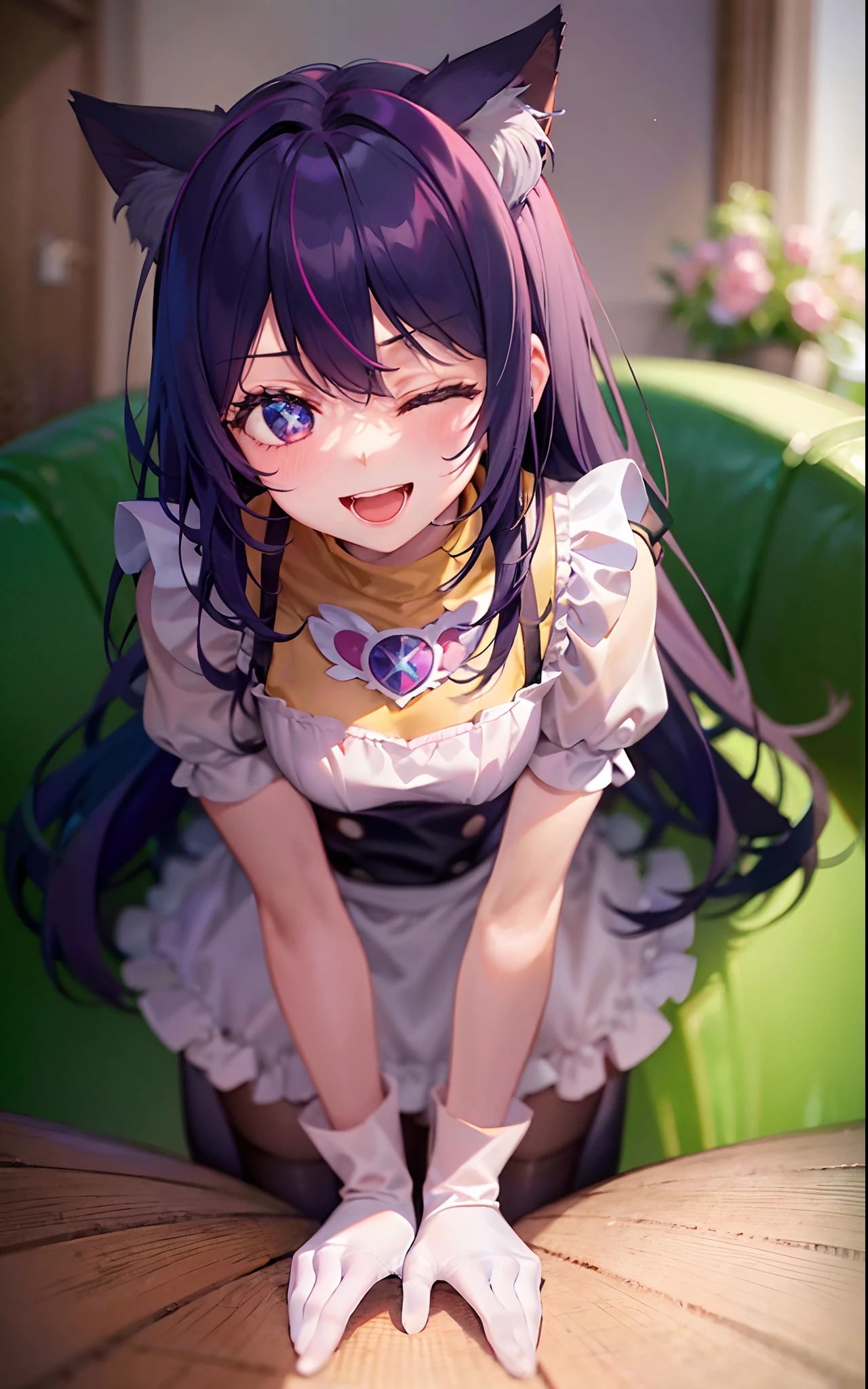 1girll,((There is a five-pointed star in the eye))Gorgeous Hair in Long Purple,Smile,Open mouth,the maid outfit,Blushlush,Cat ears,sofe,sitting in the couch,One eye closed,all fours,white stockings