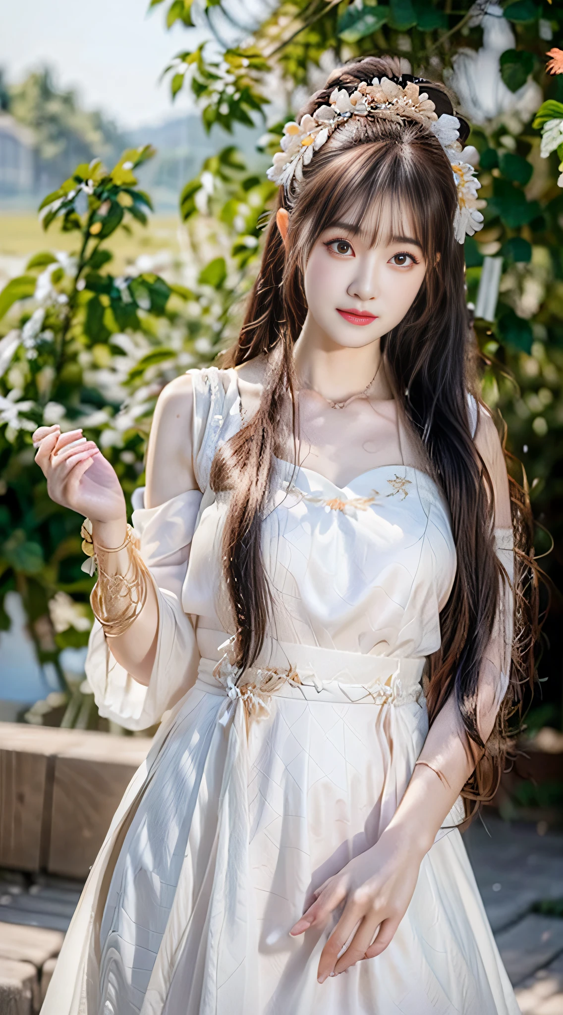closeup on face, Face shot, (White dress :1.7), short miko skirt, Long streamers, blonde hairs, golden hair, (Pointed ears: 1.5), (Gold pattern quality:1.3), female pubic hair, with long blond hair, Off-the-Shoulders, Top detail CG quality 4K wallpaper, Master, A Masterpiece, portraits, The middle, Watch the footage, Beautiful Chinese-Korean mixed race idol, ((Super fine face, detailed description of facial features)), Lip biting makeup, Sweet smile, Perfect facial features, Model figure, Good complexion, the trees, branches, Golden meadow, stream, Golden leaves, Evening, Twilight, The setting sun, Twilight, autumn, twin braids, hair strand, diagonal bangs, hair ribbon, hair ornament, forehead jewel, jeweled branch of hourai, crescent hair ornament, fish hair ornament, hime cut, low ponytail, realism, god rays, sparkle, cinematic lighting, lens flare, UHD, high details, high quality, highres, best quality, 8k, 16k, high details, high quality, super detail, anatomically correct, masterpiece, ccurate