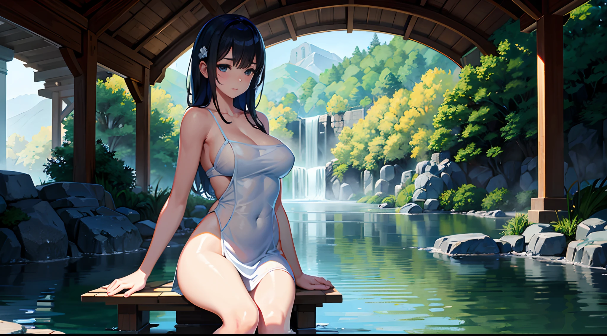 Master made，A group of beautiful women soaking in hot springs，soaking in water，Light gauze，Outline seductive body curves，Beautiful valley with background，There are pavilions，Flowing Water Creek，Conforms to the principle of flat perspective，Very attractive graphics，Highest image quality，complexdetails，Enrich the picture，Hazy rendering，Gentlemanly manners，True skin texture，Realistic skin texture，Warm sunlight illumination，1080p。