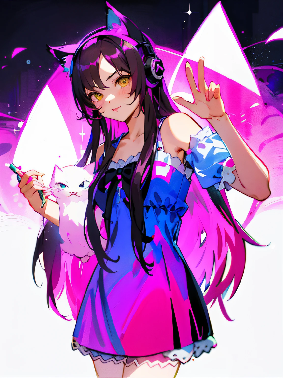 Girl painting in dress and cat ears，Cat ears anime girl，cute catgirl，Anime moe art style，Catwoman with headphones and ears，Very cute Catwoman，beautiful young catgirl，Anime Catwoman illustration，E-Girl，Cat woman。