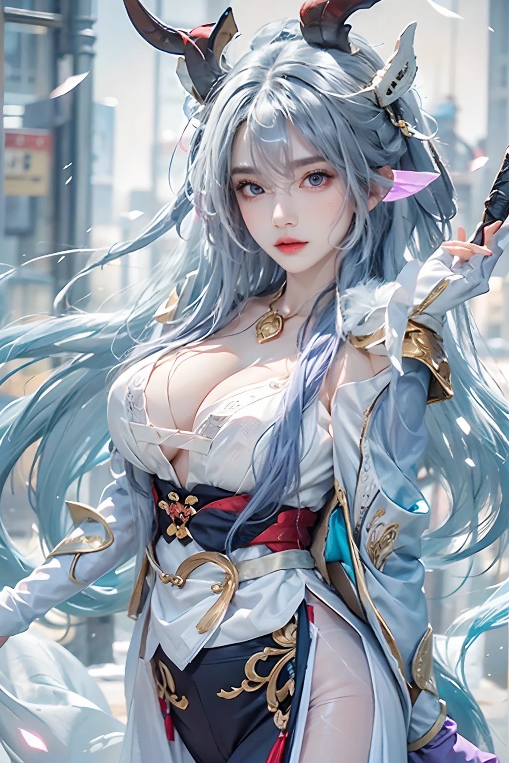realisticlying, high resolution, 1 woman, Blue long hair, Beautiful eyes, normal breast, ganyu clothes,mitts, Horns, Neckbells, Pantyhose, Purple eyes, side locks, nipple tassels, White sleeves,(Ganyu \(Genshin Impact\))