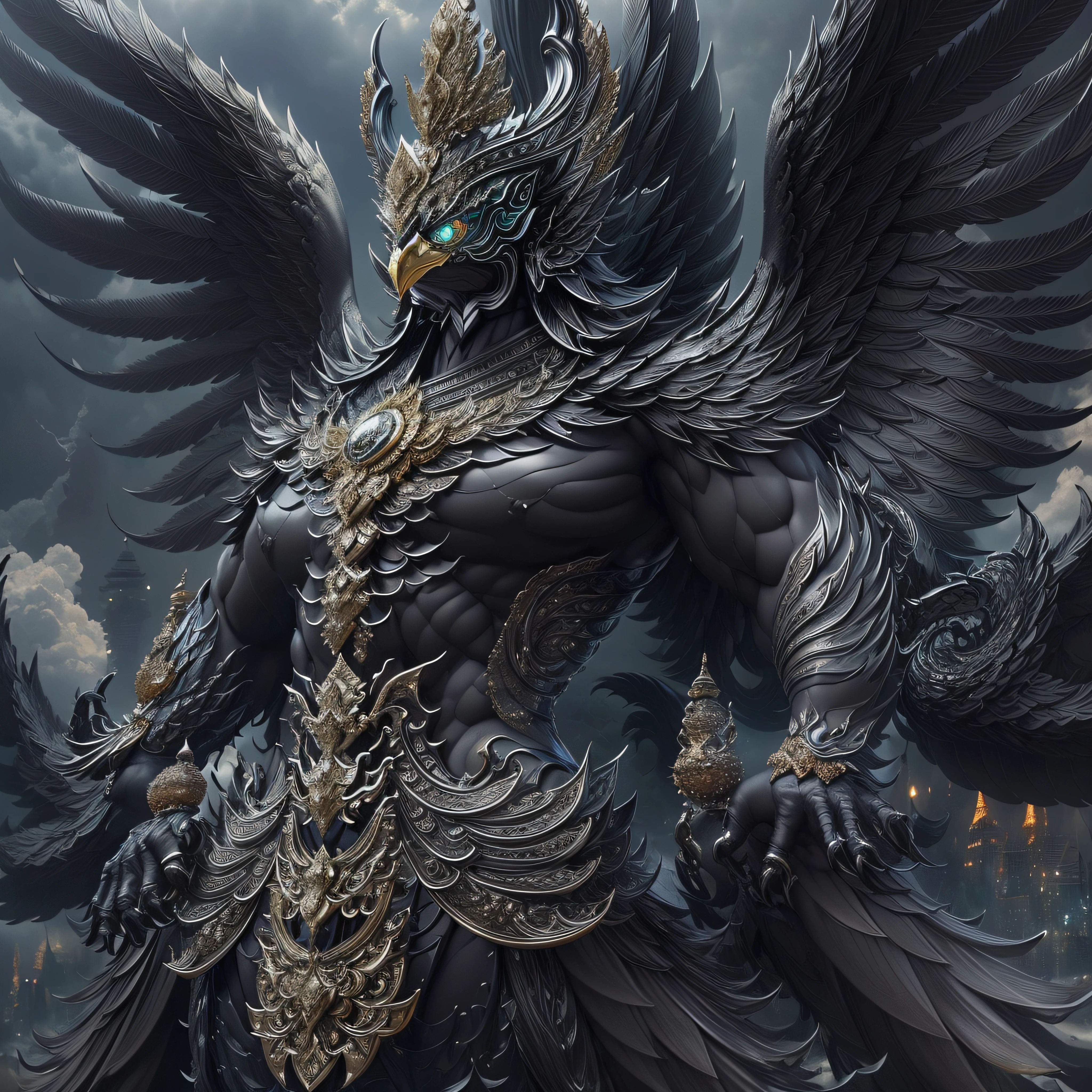 masterpiece,highly detail(Metalic Black,Reflect,:1.3)phayakrut king garuda{best quality},, super huge GARUDA solo, very detail, city,tower,building,highway, clouds and mist,
(extremely detail CG unity 8k wallpaper:1.1)(masterpiece),(best quality:1.1),realistic,style of master anime,perfect perspective,intricate detail