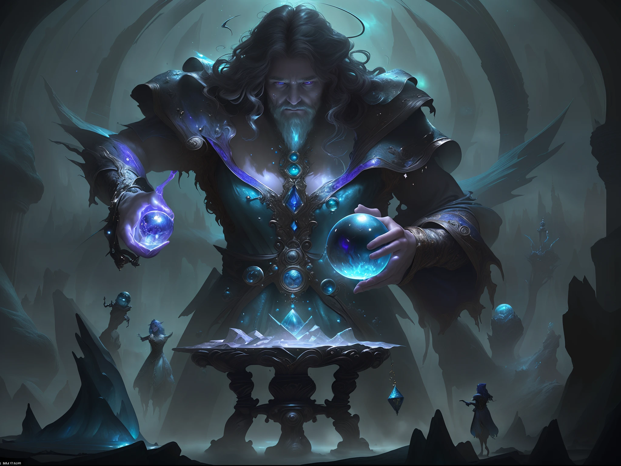 high details, best quality, 8k, [ultra detailed], masterpiece, best quality, (extremely detailed), dynamic angle, ultra wide shot, photorealistic, RAW, fantasy art, dnd art, fantasy art, realistic art, a wide angle view wallpaper of a wizard (intense details, Masterpiece, best quality: 1.5) looking into his crystal ball (intense details, Masterpiece, best quality: 1.5), casting a spell in his magical laboratory, human male wizard, fantasy wizard (intense details, Masterpiece, best quality: 1.5), D&D wizard, young human male (intense details, Masterpiece, best quality: 1.5), [[anatomically correct]], dynamic hair, dynamic eyes, wearing magical robe (intense details, Masterpiece, best quality: 1.5), dynamic colors, ultra detailed face (intense details, Masterpiece, best quality: 1.5), manipulating blue magical energy, in his laboratory (intense details, Masterpiece, best quality: 1.5), many magical tomes, magical library (intense details, Masterpiece, best quality: 1.5),  many magical vials, ultra wide angle from a medium distance,