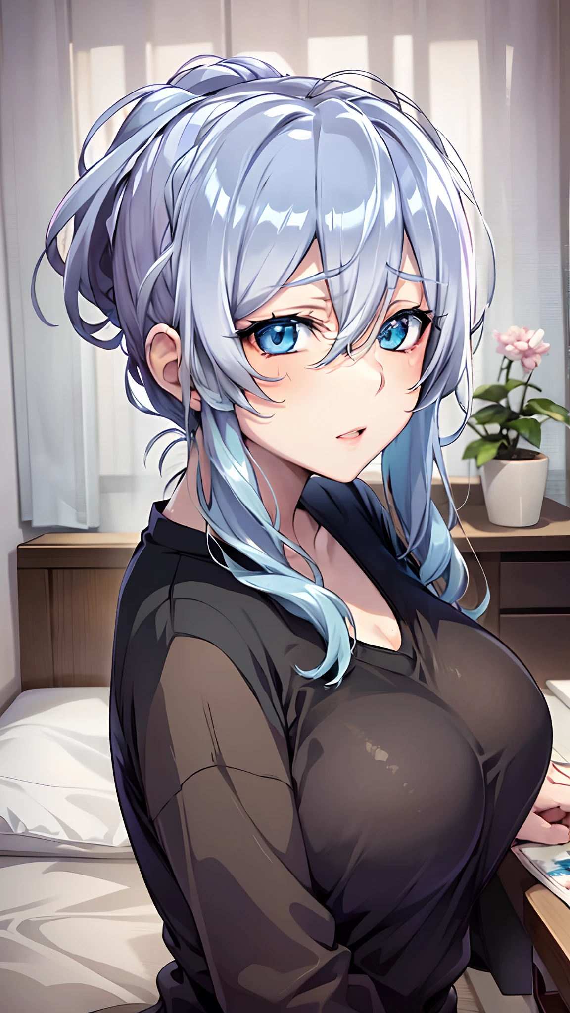 Yukino, in bed, short hair, black shirt and no bra, anime visual of a cute girl, screenshot from the anime film, & her expression is solemn, in the anime film, in an anime, anime visual of a young woman, she has a cute expressive face, still from anime, big breast, red cheek, lustful face, fair skin