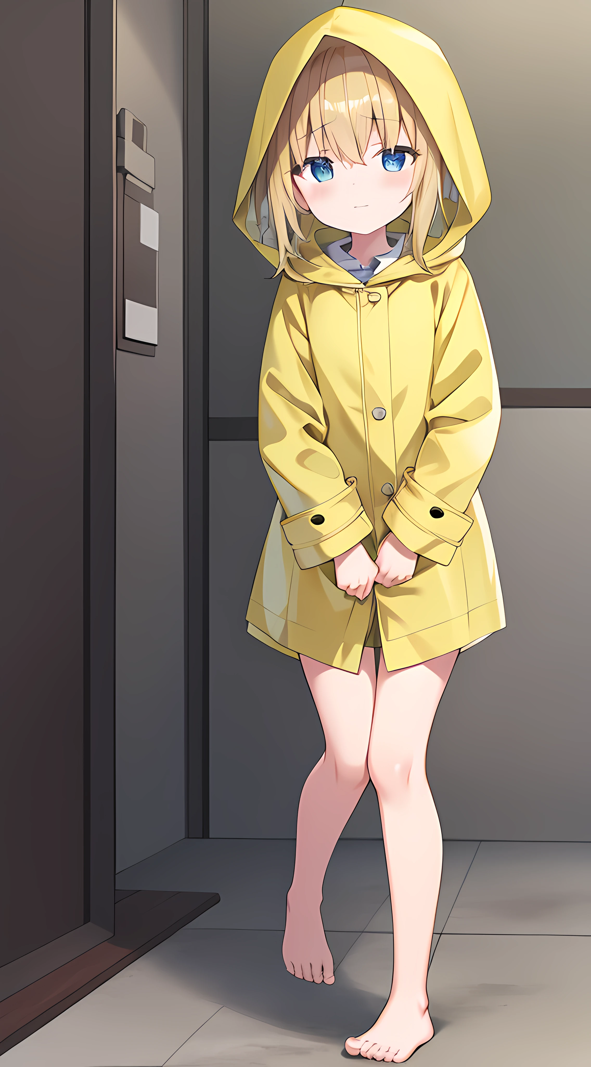 Yellow hood raincoat girl,stand posture,Positive perspective,Barefoot and barefoot,Accentuates the raincoat gel texture,Accentuates the translucent texture of the raincoat。