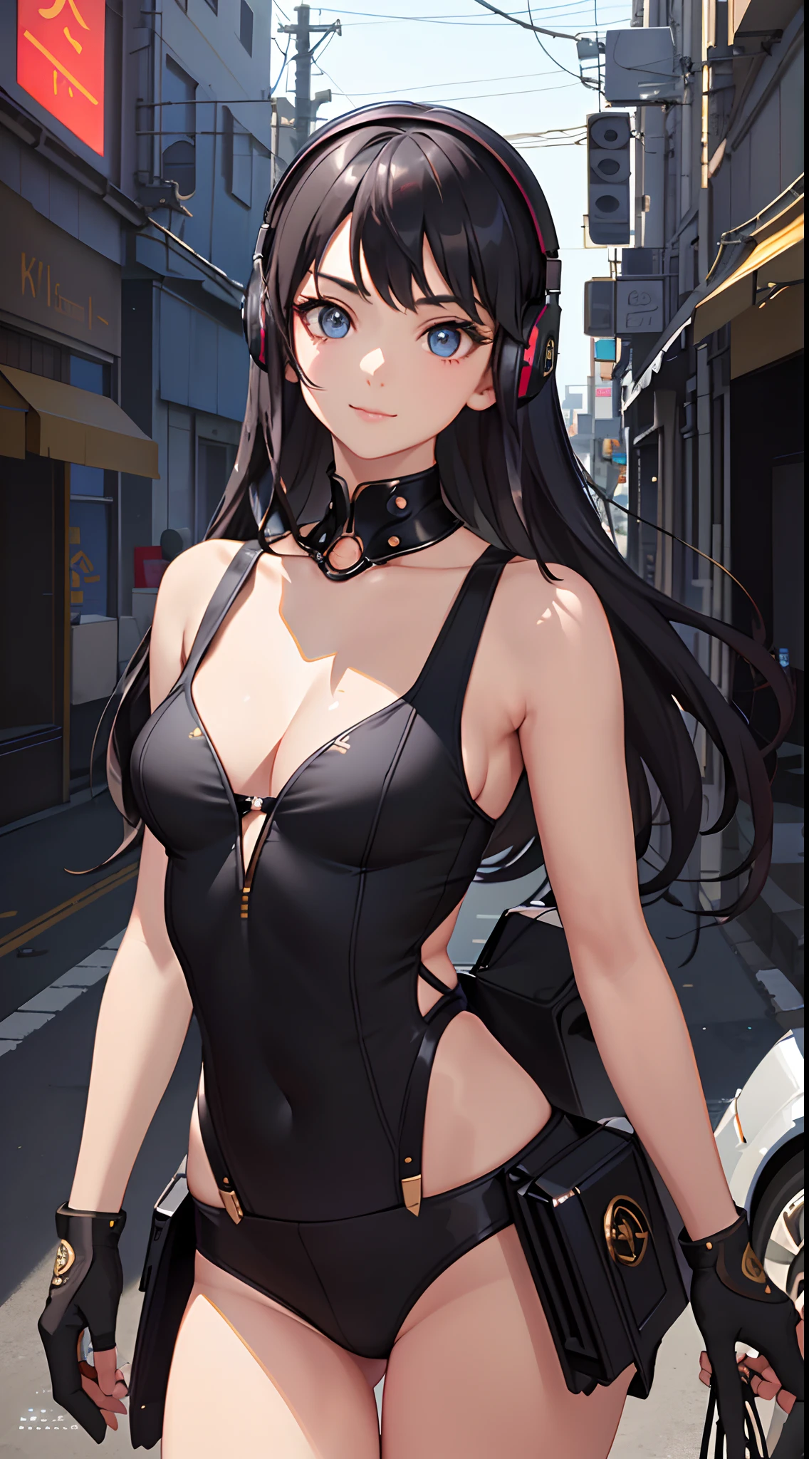 (Masterpiece, fine detailed beautiful eyes: 1.2), 10years old,(flatchest:1.2),Black hair,Black tank top, cleavage,Frontal photo,closeup cleavage,Suspenders,Arms drooping,The shoulder straps slip off, glowing headphones, Cyberpunk, Futuristic, Detailed eyes, ultra - detailed,Light smile, looks into camera, (Extremely detailed CG, Unity, 8K wallpaper:1.1), Beautiful face, Highly detailed ,street corner