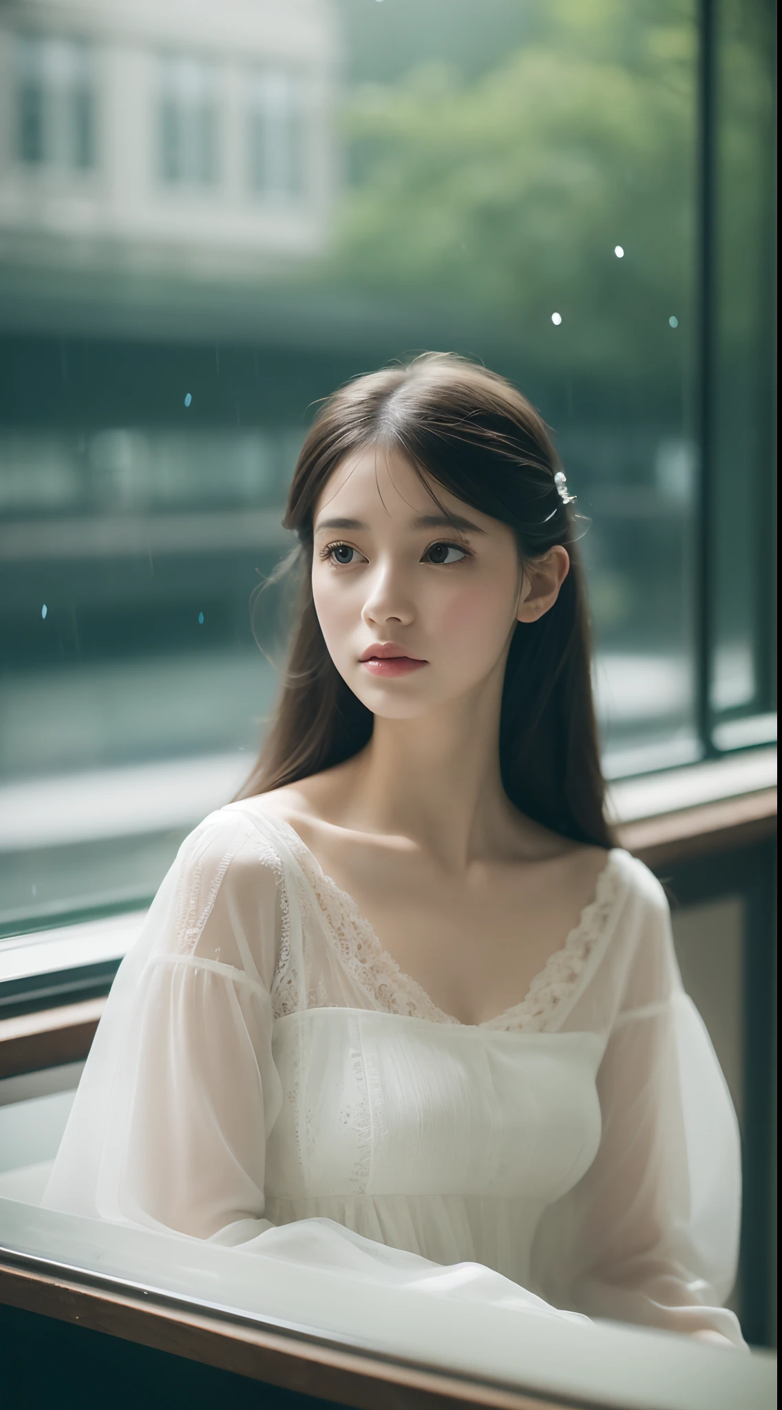 （8K, RAW photo, Best quality）1girll, Beautiful face, Coiled hair as black as a spring,melancholic mood，Delicate hair accessories，White fairy dress，Sit and look out the window， cafe shop, Outdoors,rainy sky，Background bokeh，Focalors，filmgrain,