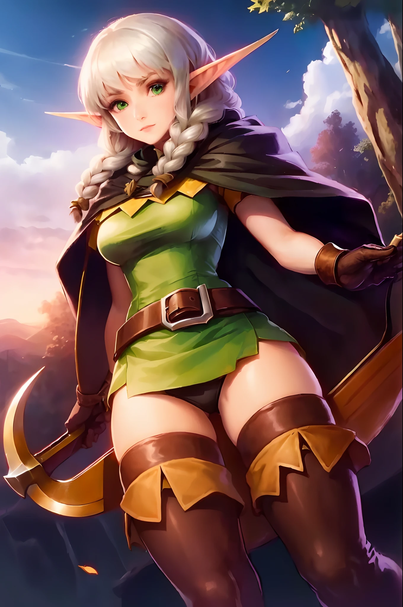 A woman in a green dress and brown boots holds a sword, elf princess knight