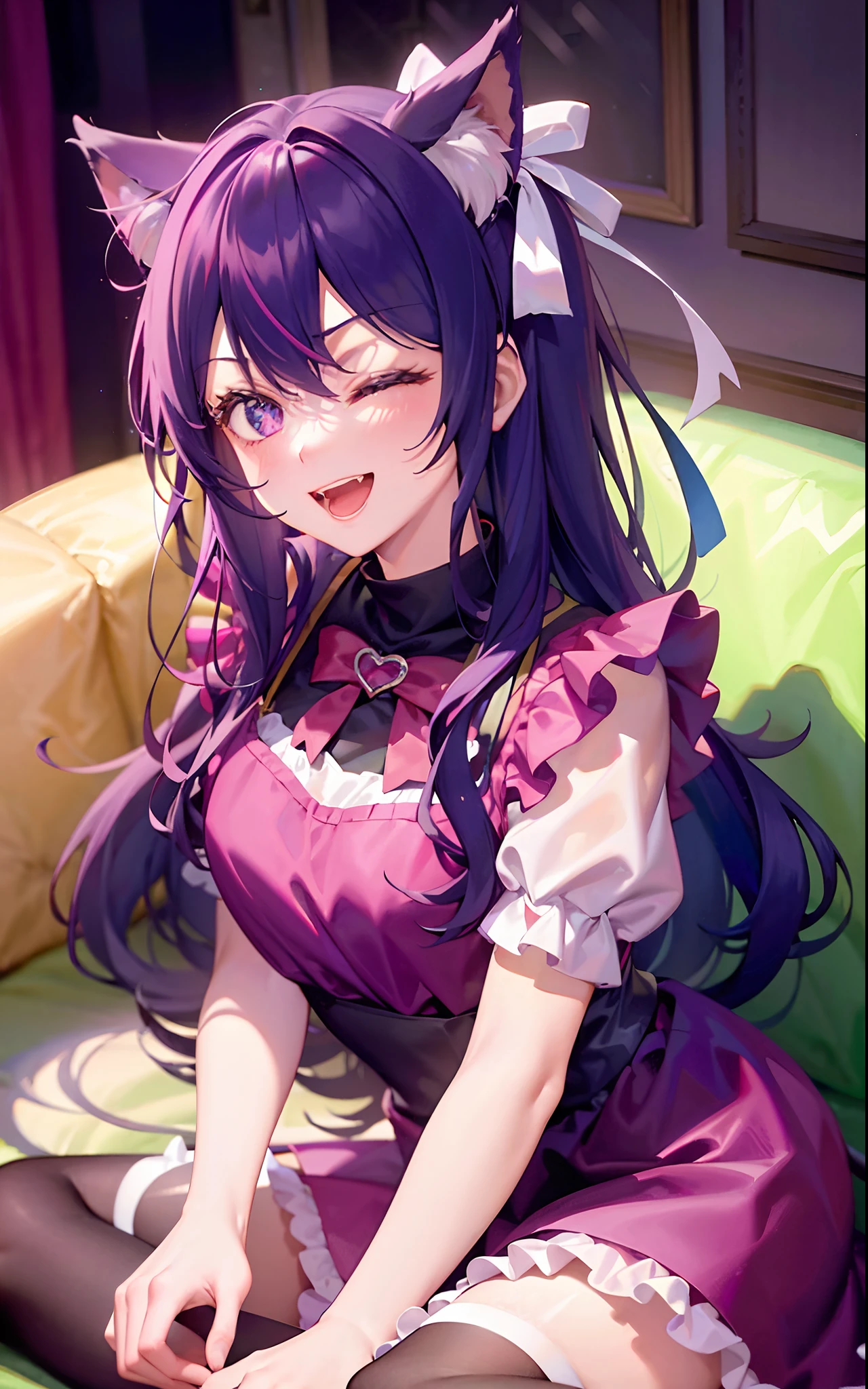 1girll,((There is a five-pointed star in the eye))Gorgeous Hair in Long Purple,Smile,Open mouth,the maid outfit,Blushlush,Cat ears,sofe,sitting in the couch,One eye closed,all fours,white stockings